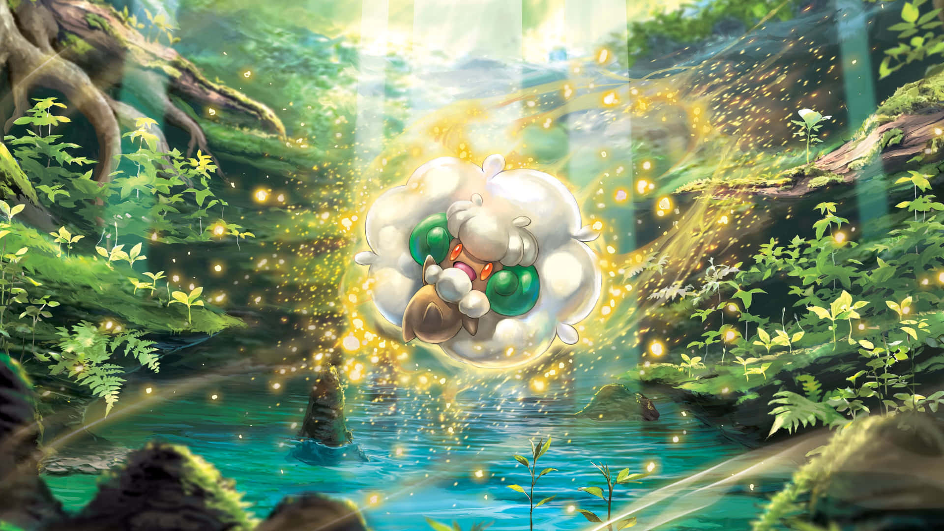 Whimsicott Shining Over Forest Pond Background