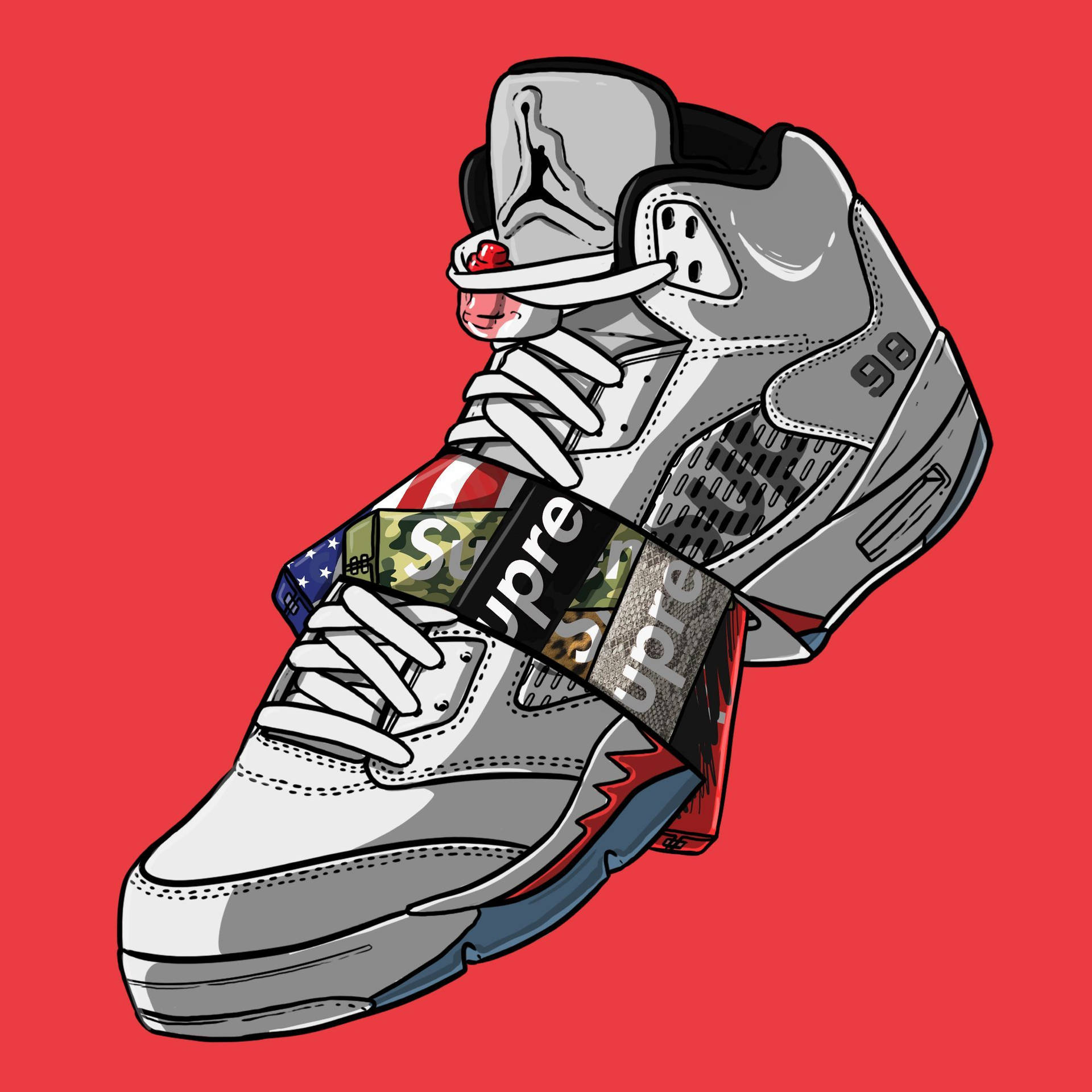 White Air Jordan V Retro Supreme Cartoon Sneaker Background