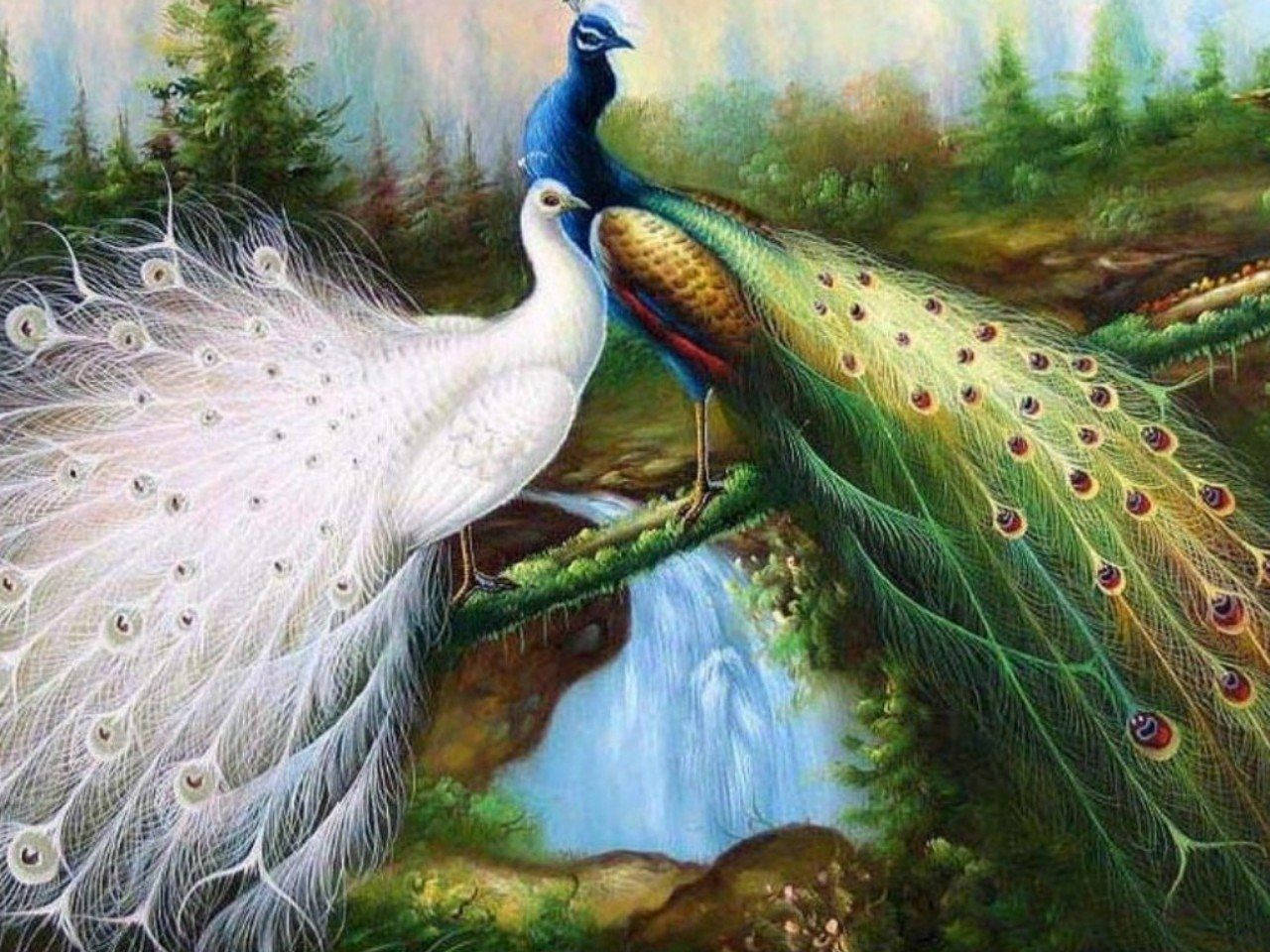 White And Blue-green Peacock Painting