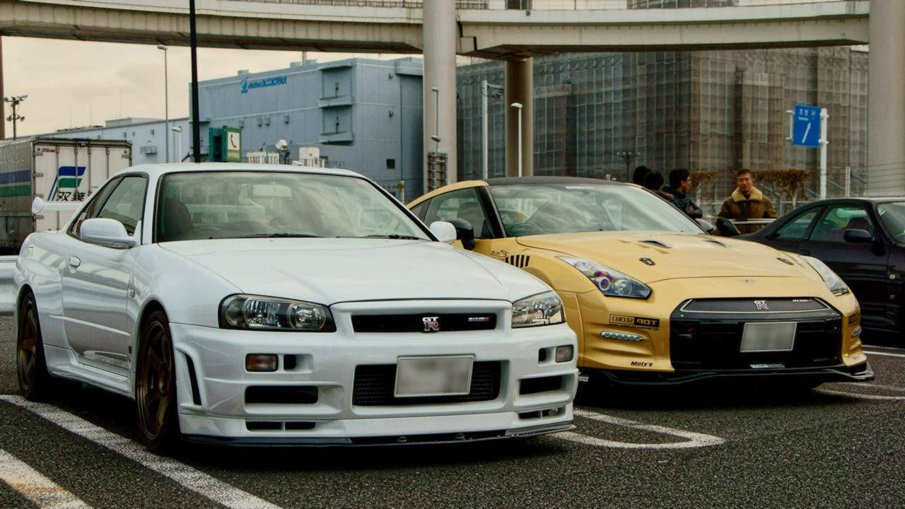 White And Yellow Jdm Car Duo Background