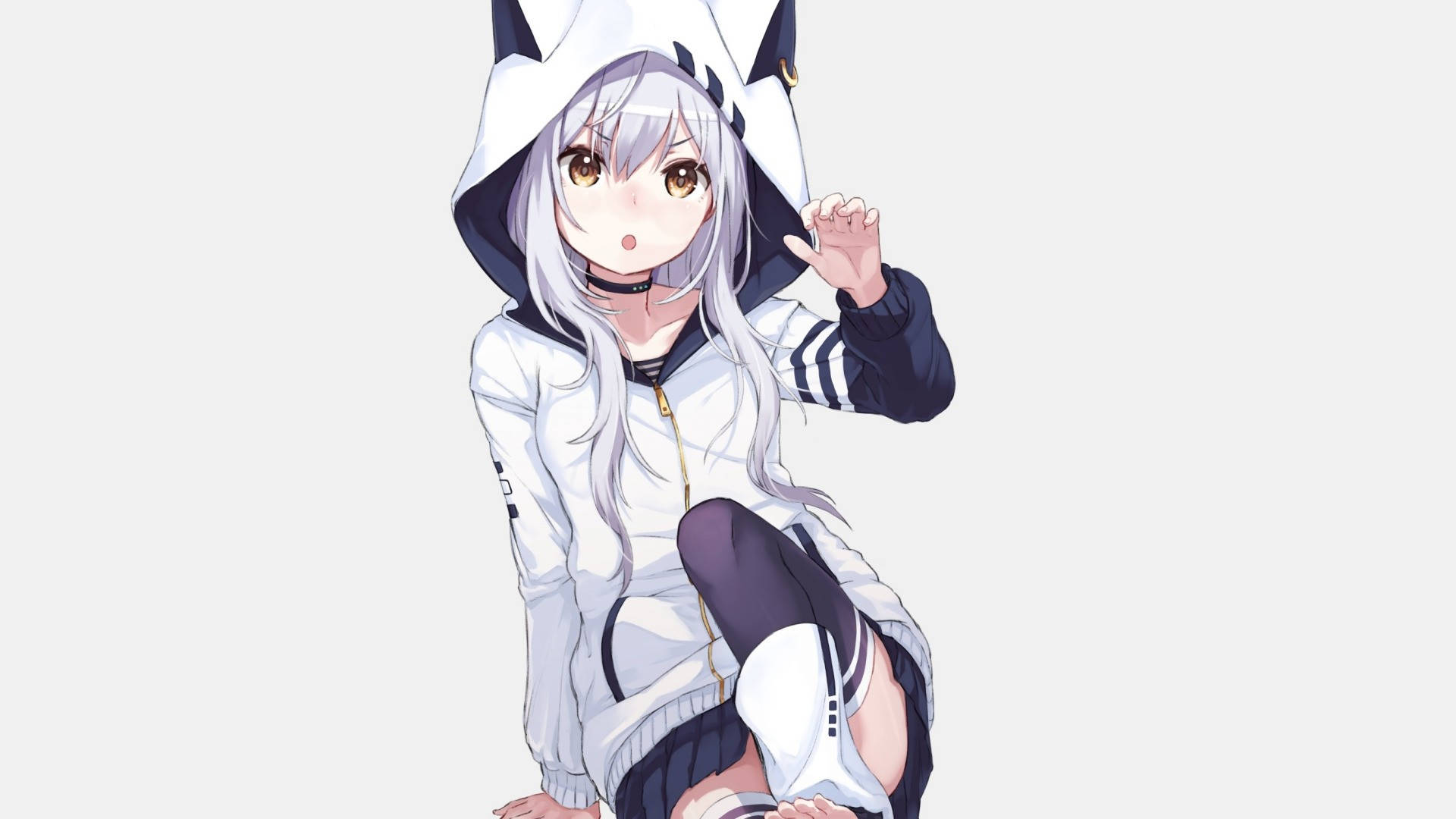 White Anime Girl With Cat Hoodie Background