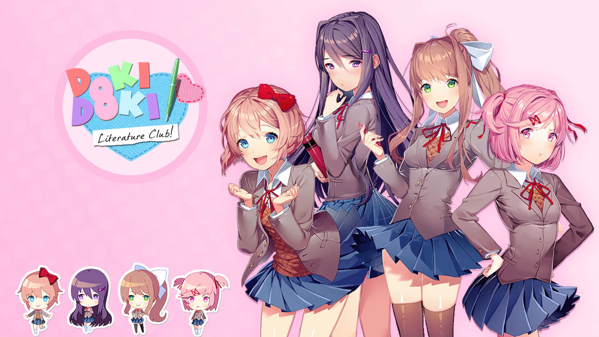 White Background Ddlc Girls With Logo Background