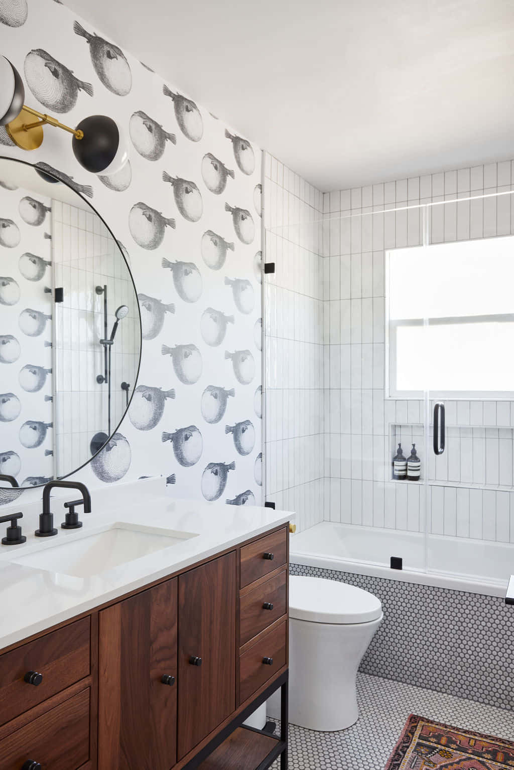 White Bathroom Puffer Fish Patterned Walls