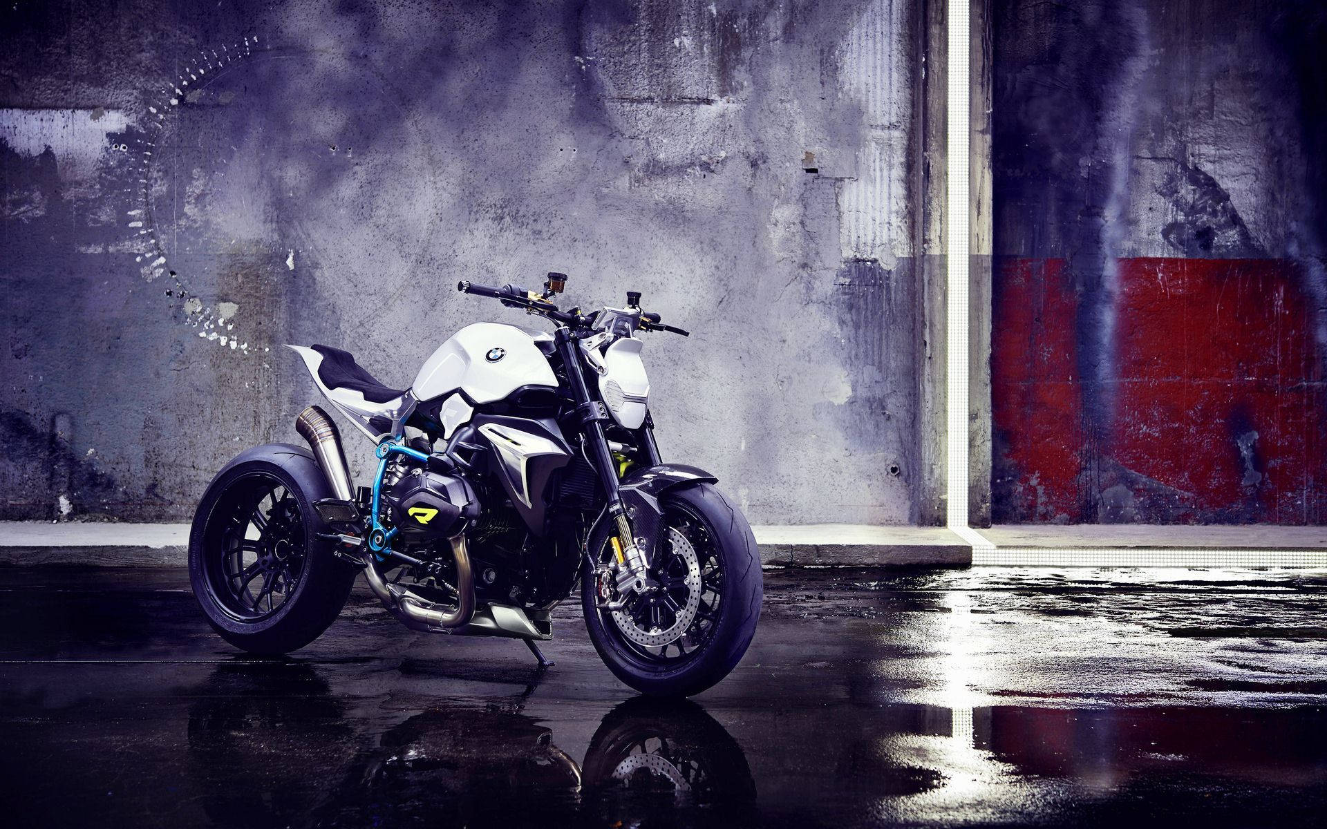 White Bmw Motorcycle Sitting In A Garage Background