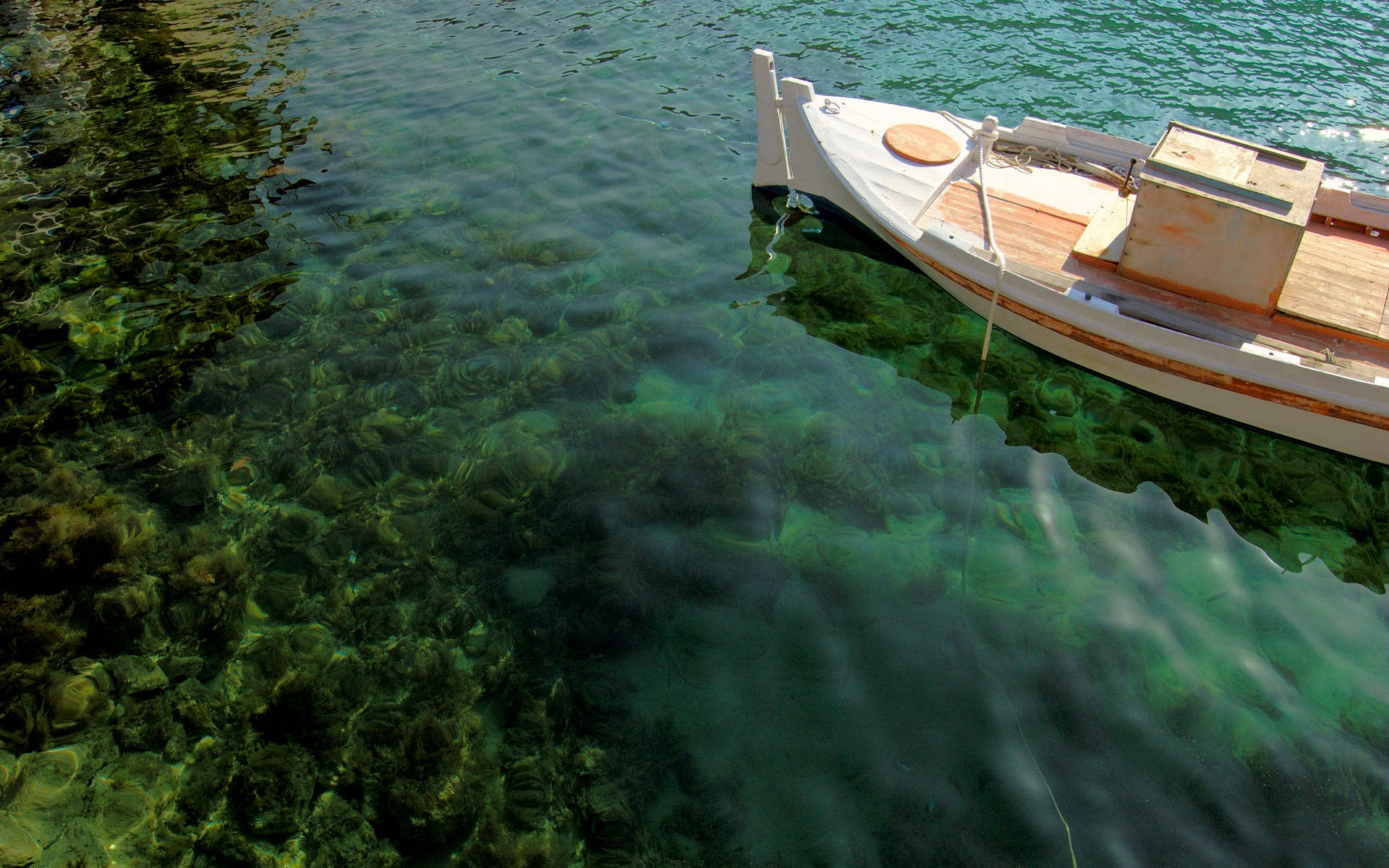 White Boat Drifting On Green Water Background