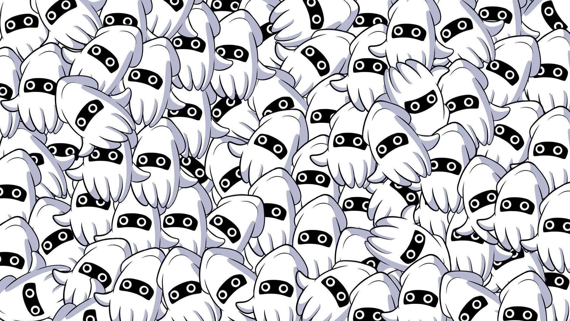 White Calamari Mascots In A Cluster Background