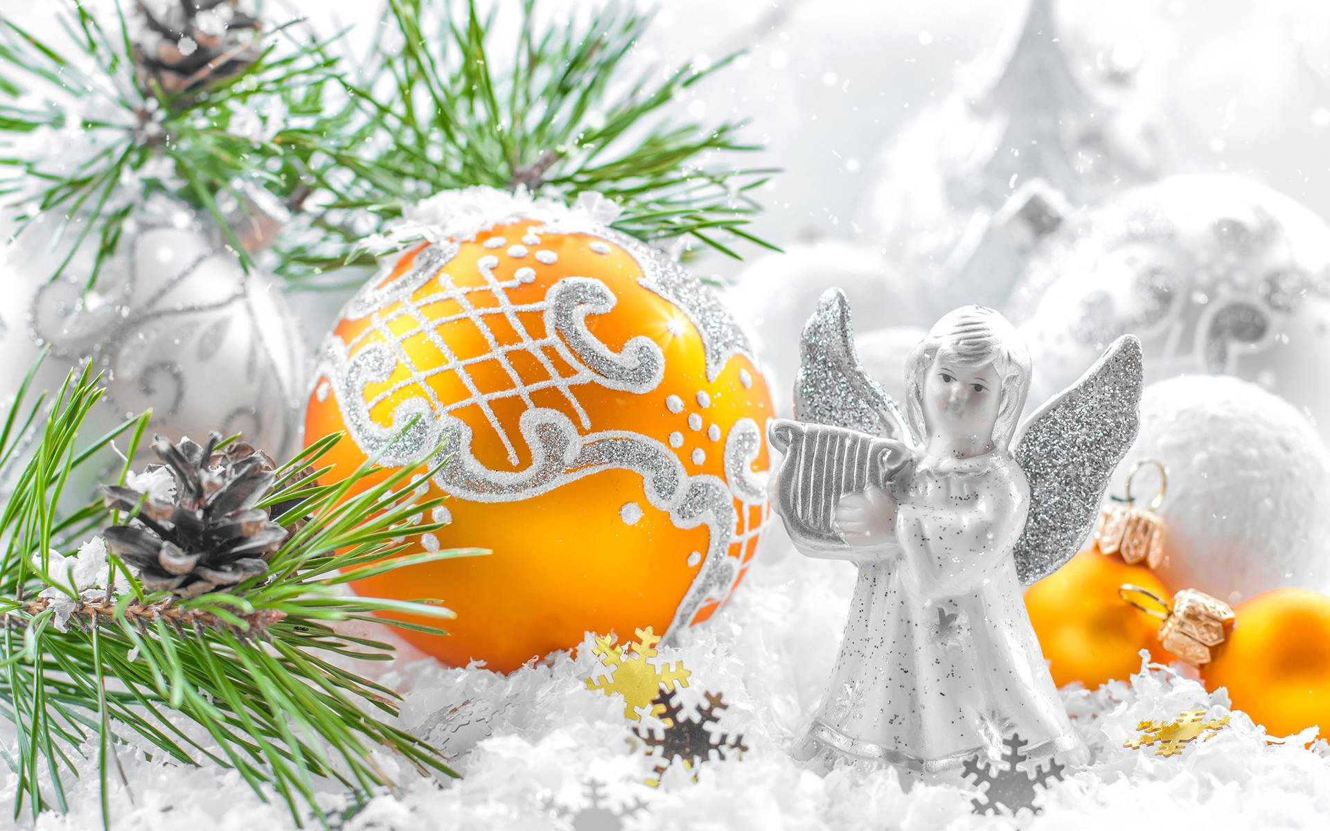 White Christmas Angel And Baubles Background