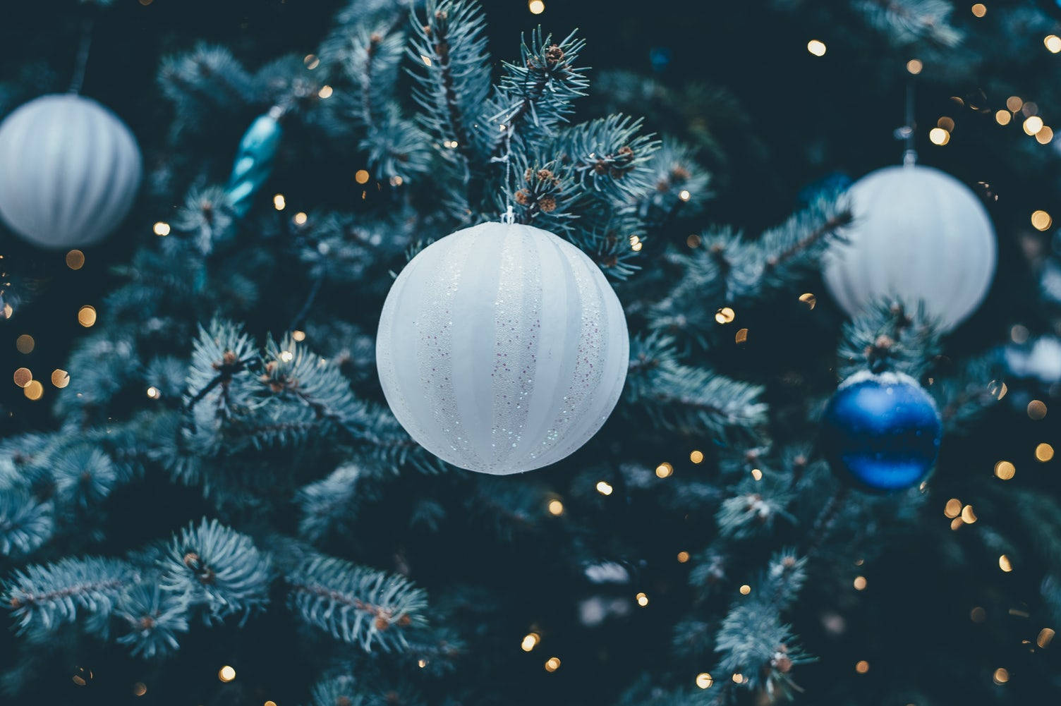 White Christmas Ball On Festive Tree Tight Shot Background