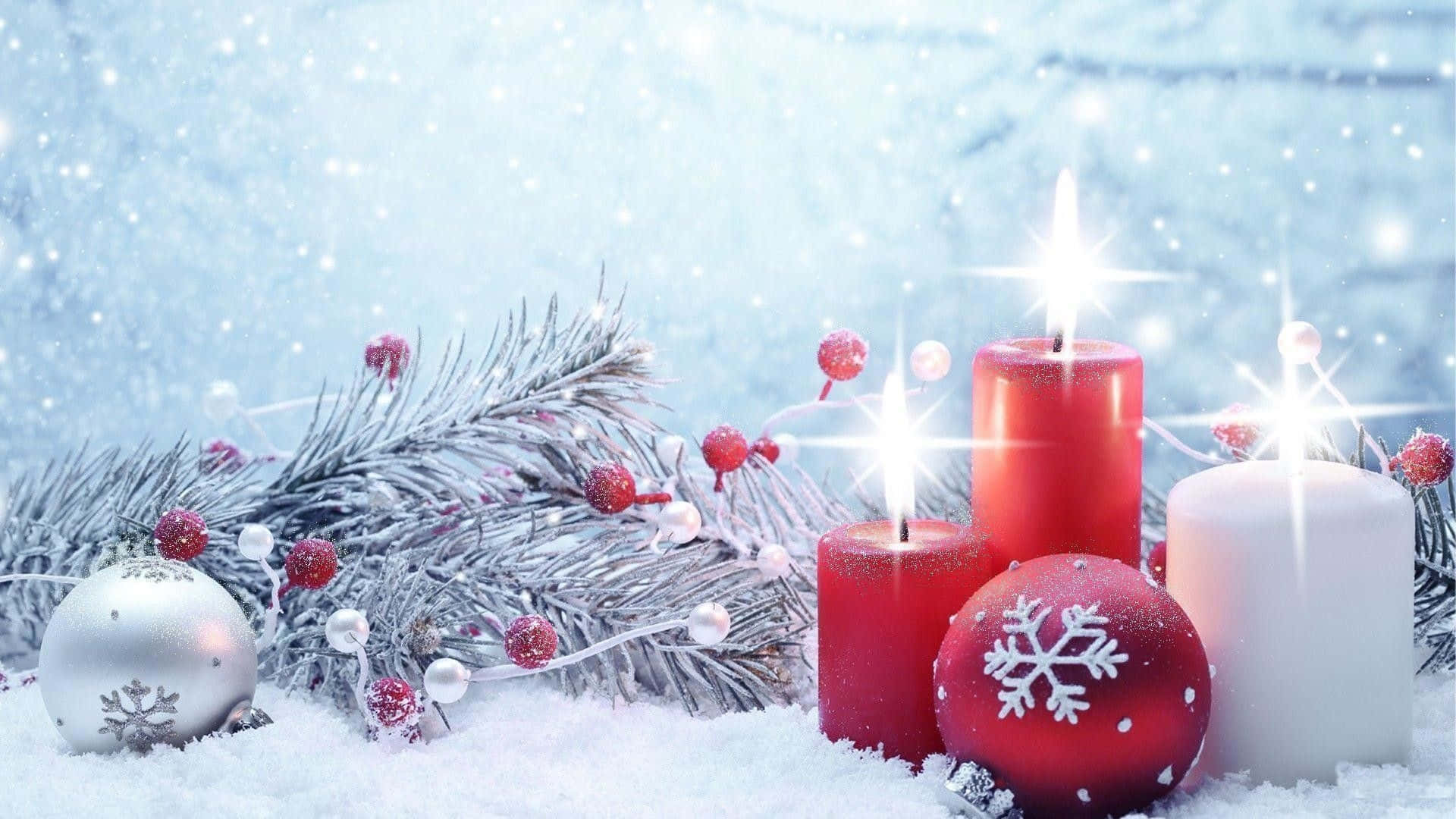 White Christmas Ornaments Red Candles Background