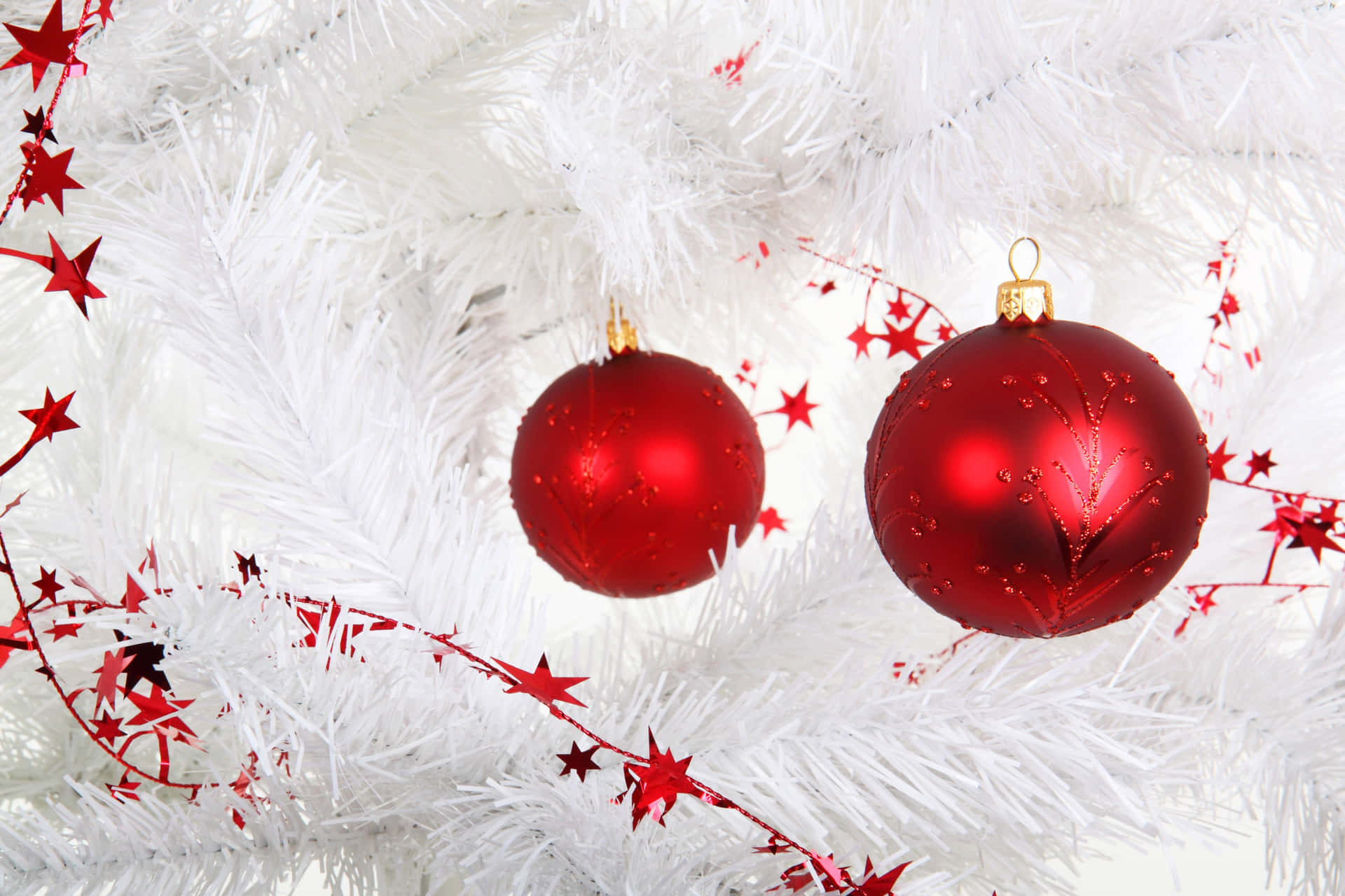 White Christmas Tree Red Ornaments Background