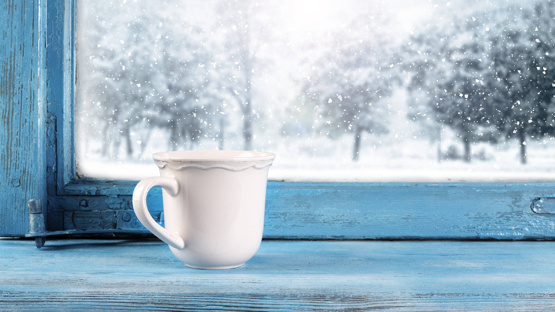 White Cup Near Windows Winter Background
