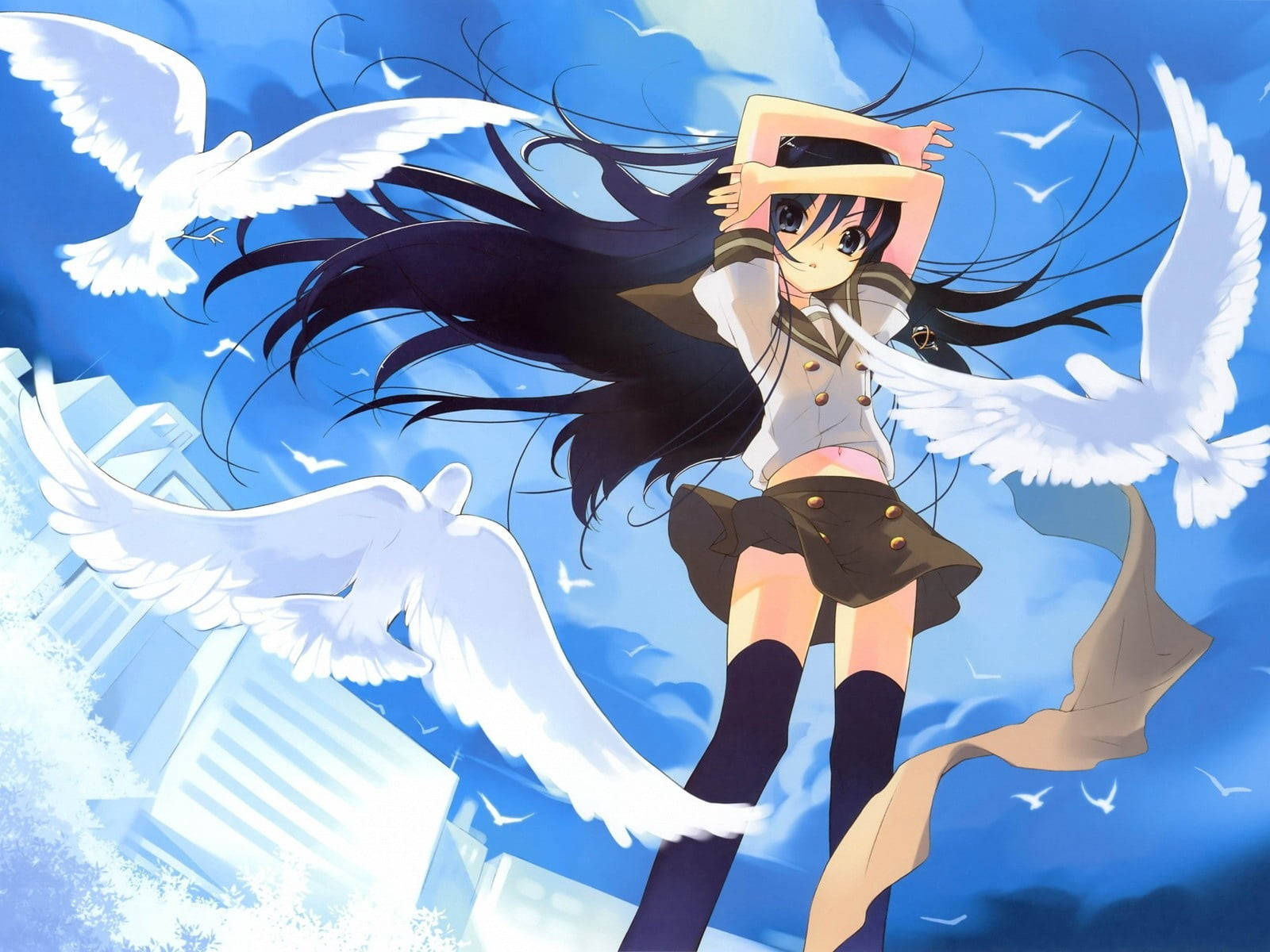 White Doves Anime Girl Background