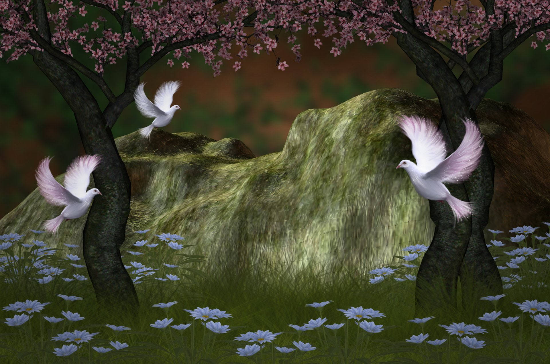 White Doves Sakura Trees Background