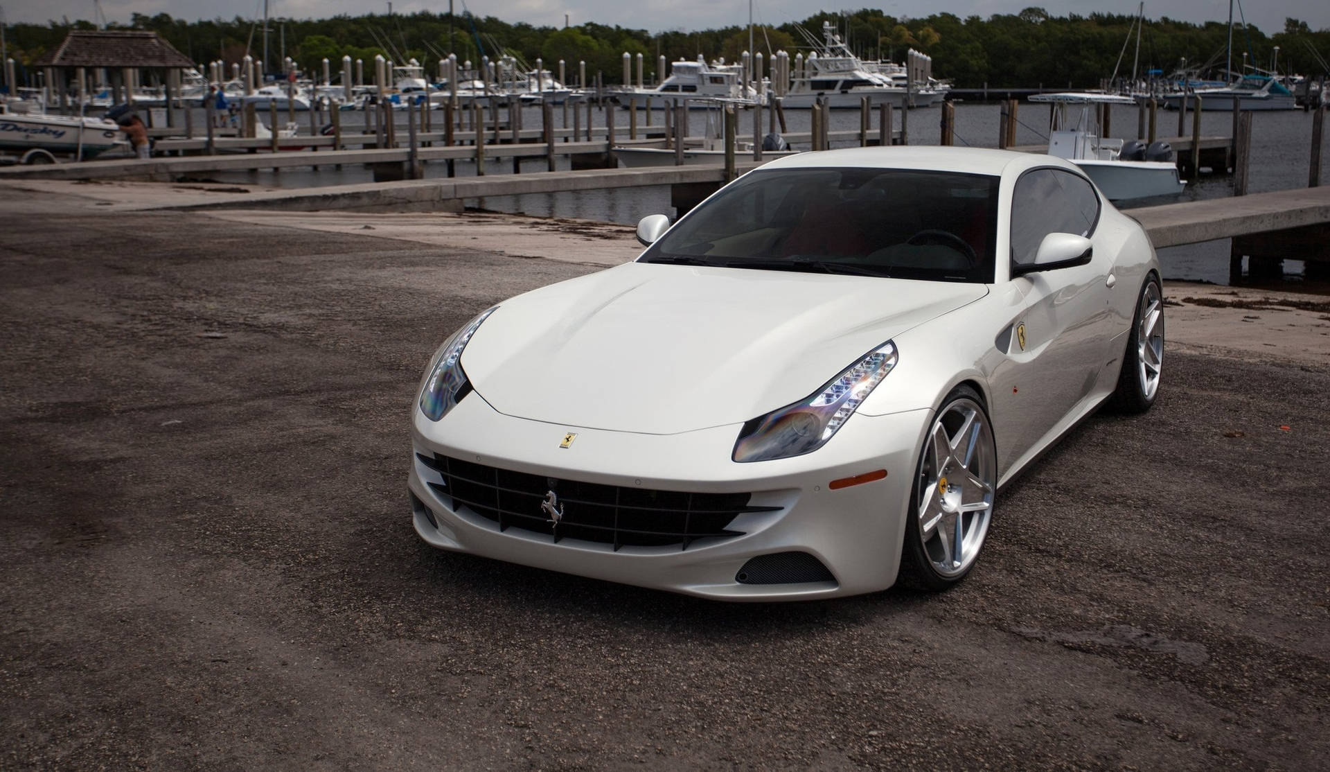White Ferrari And Yachts Background