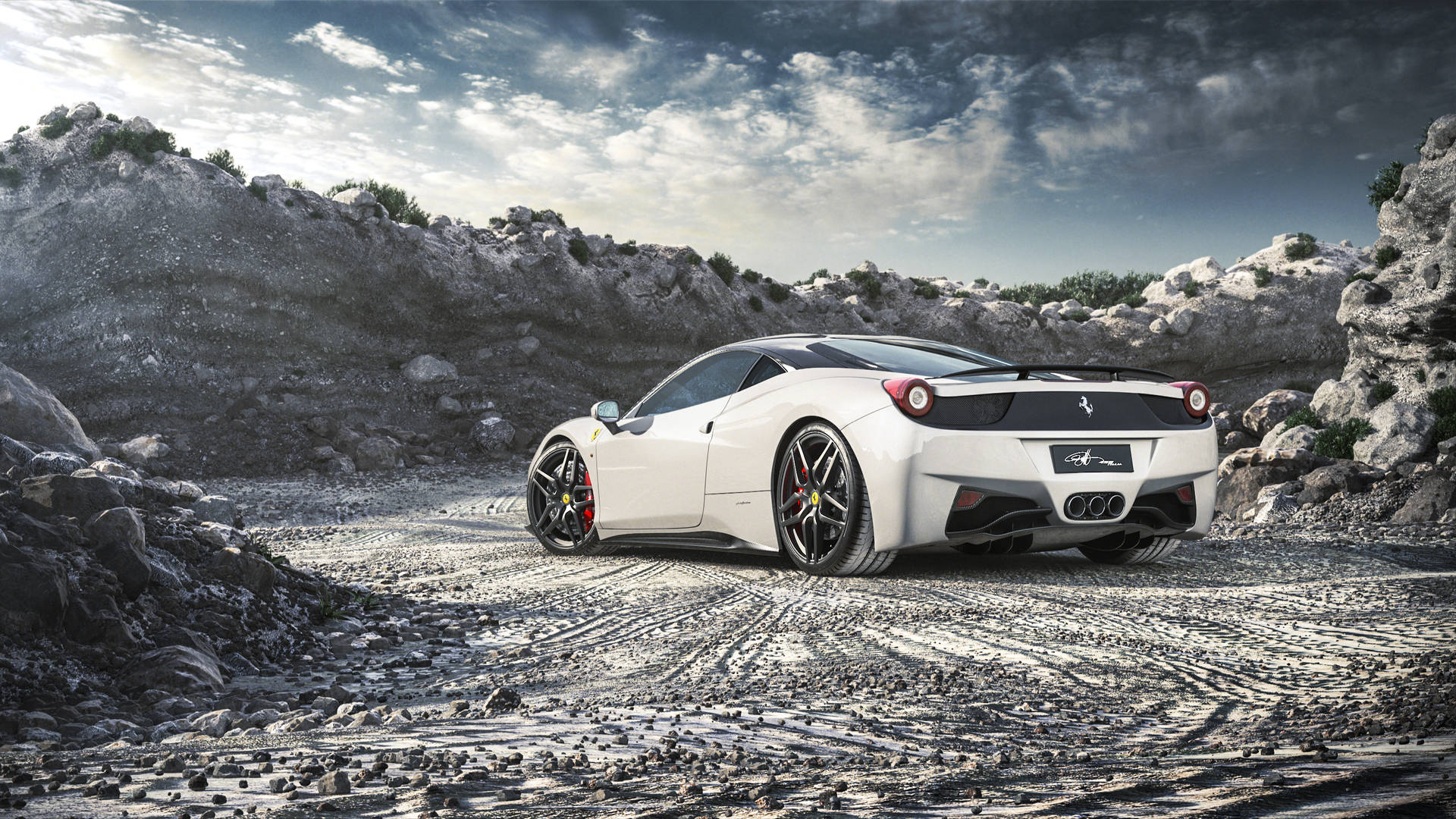 White Ferrari On Rocky Road Background