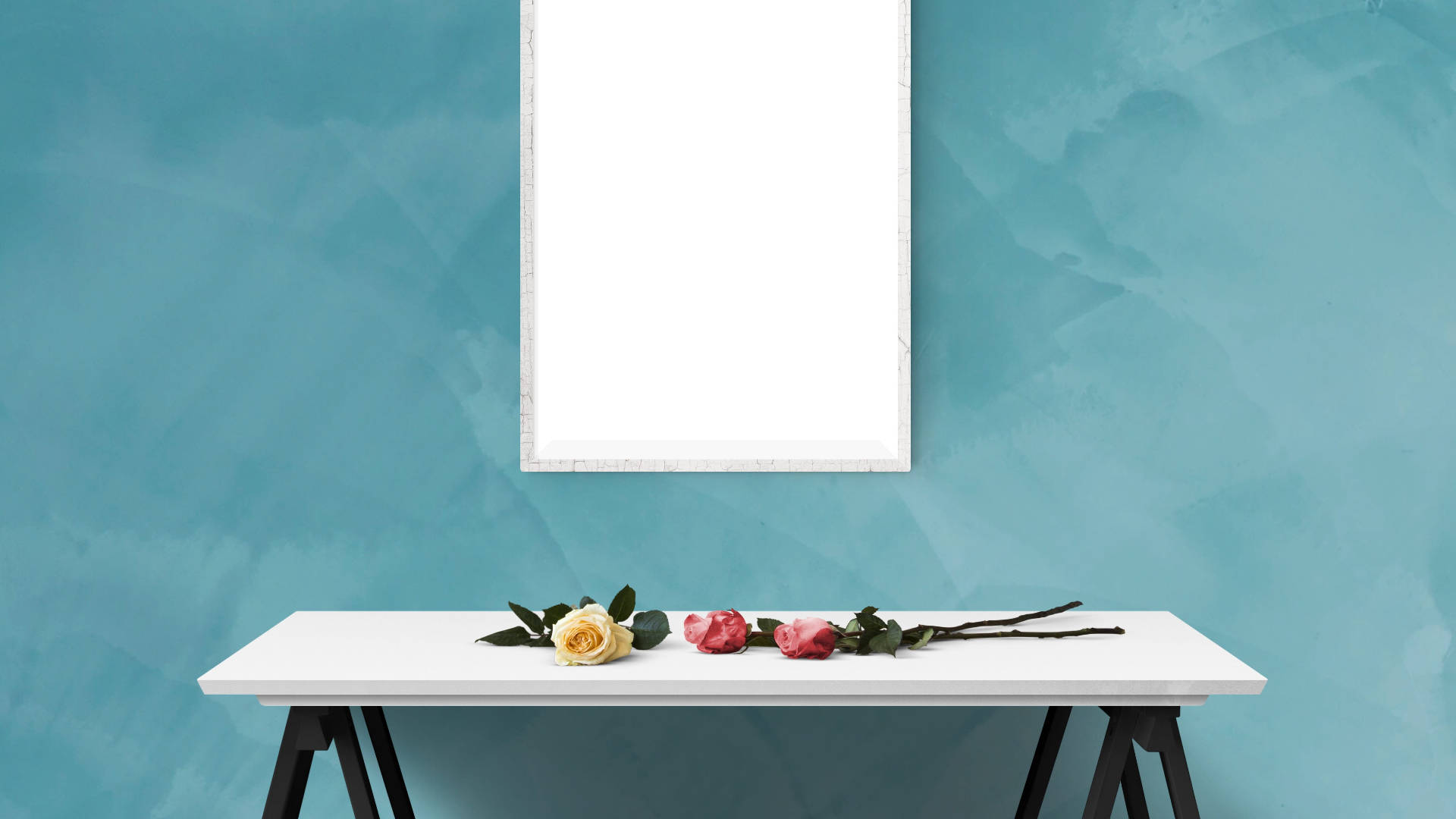 White Frame Mounted On Blue Wall For Mockup Background