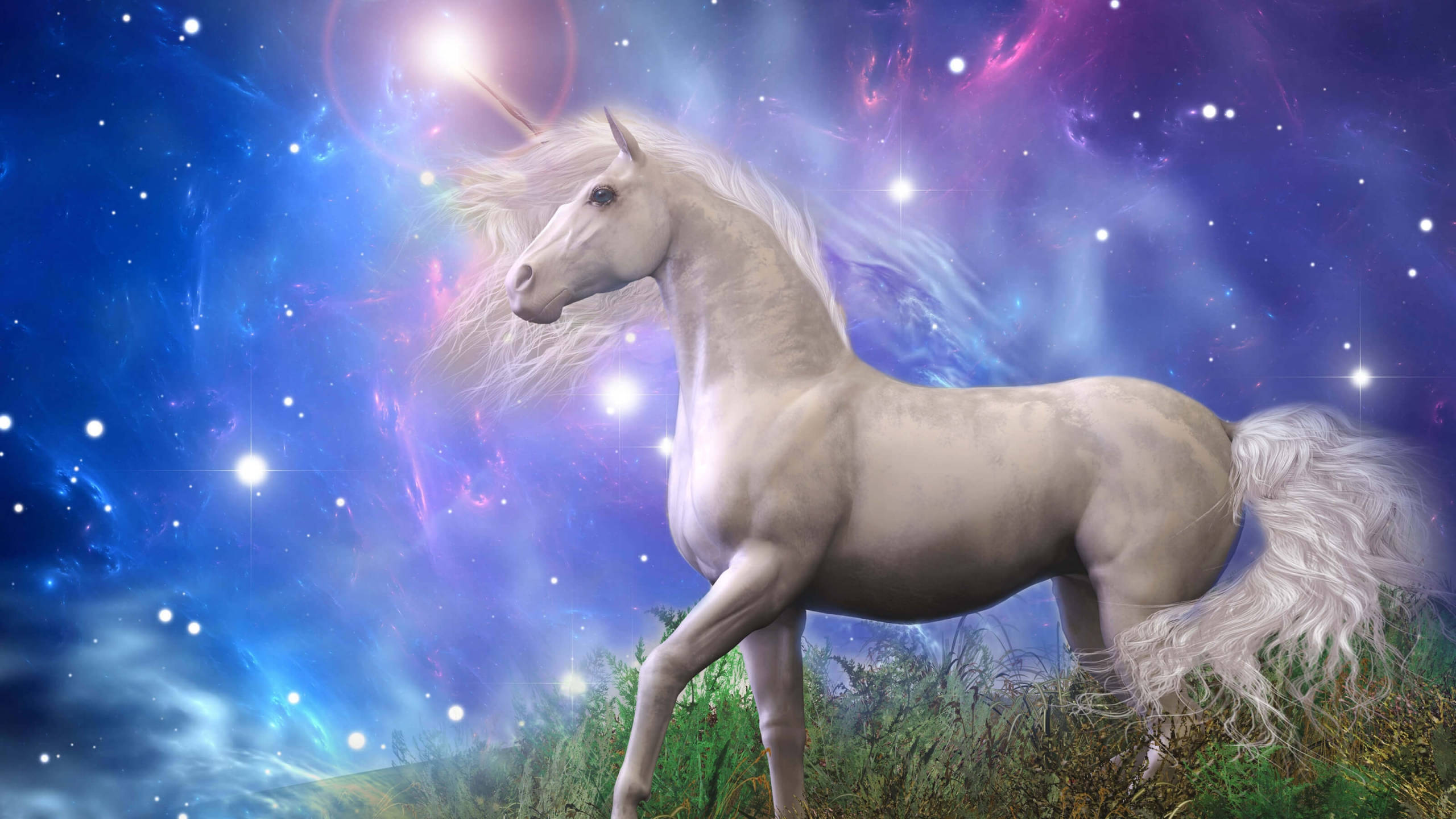 White Galaxy Unicorn On Night Sky Background