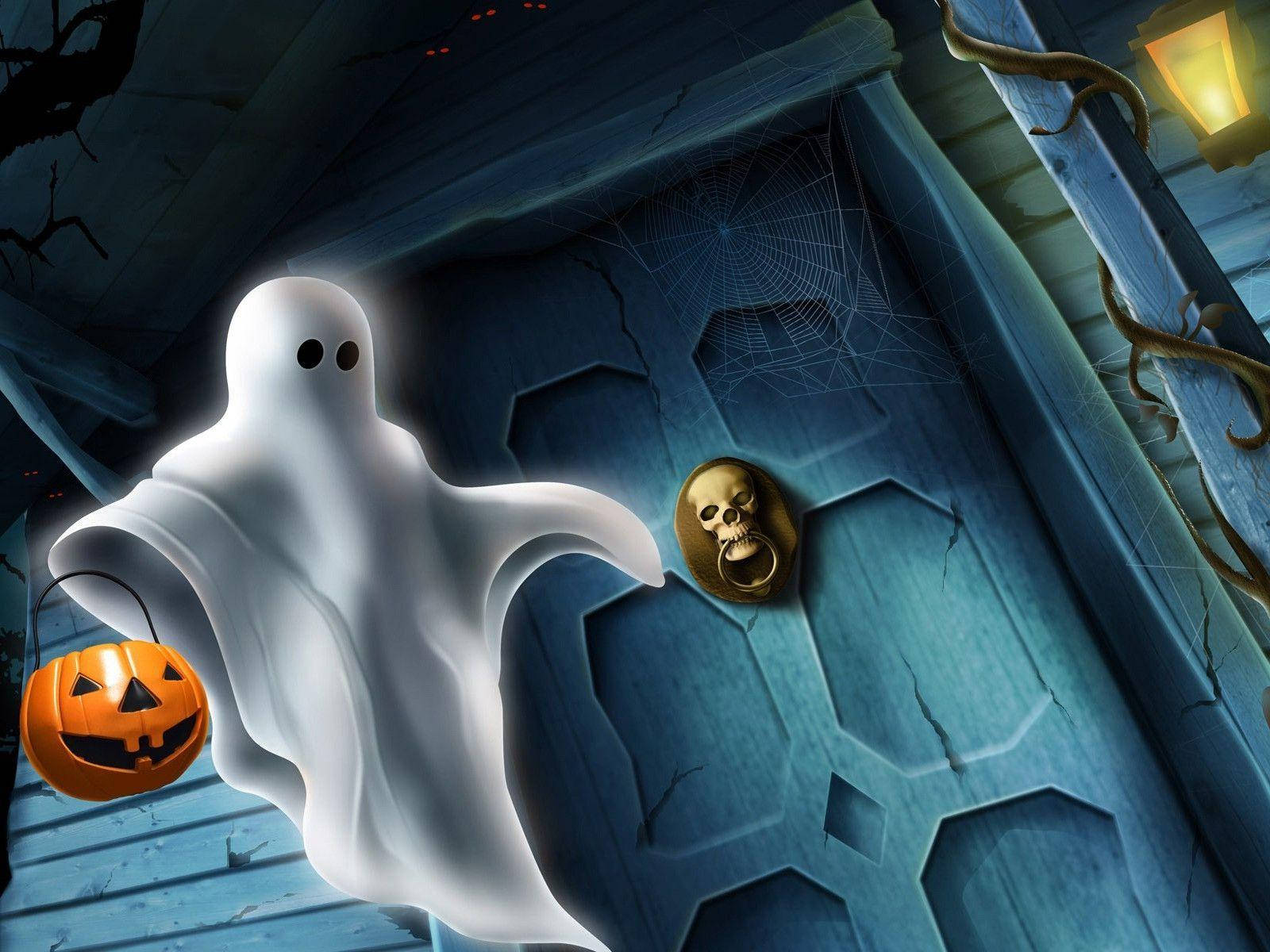 White Ghost Outside Haunted House Background