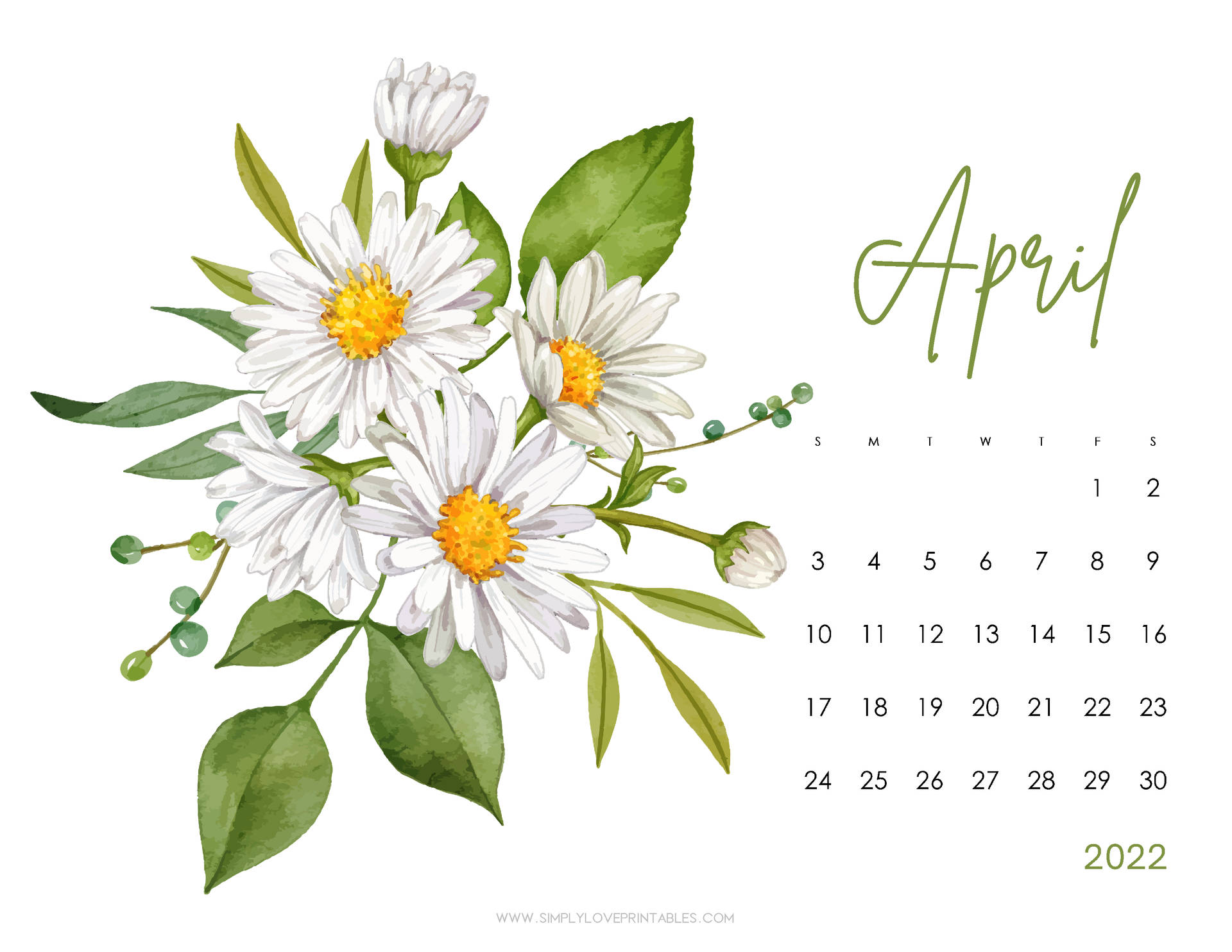 White Green Flower April 2022 Calendar