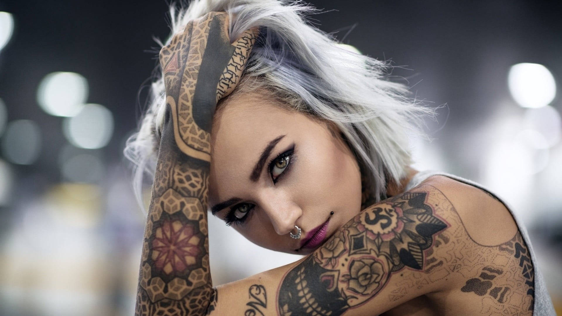 White-haired Bad Girl With Tattoo Background