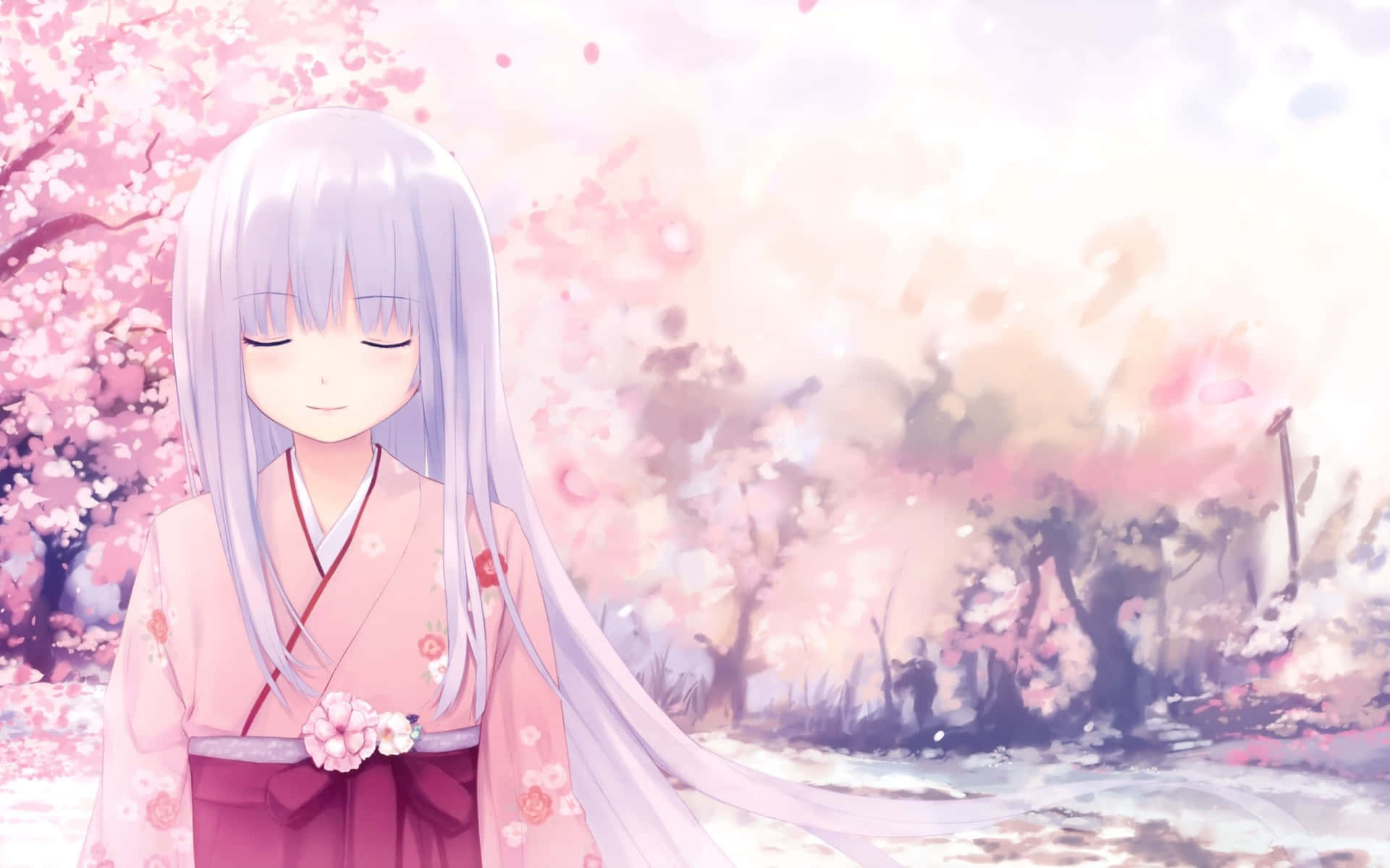 White Haired Girl Wearing Kimono Sakura Anime Background