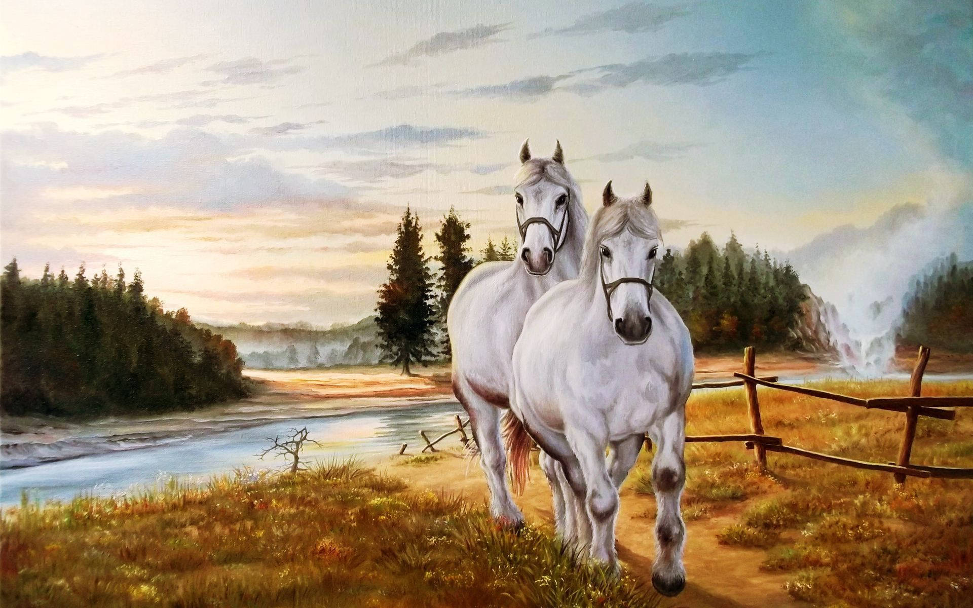 White Horses Paint Art Background