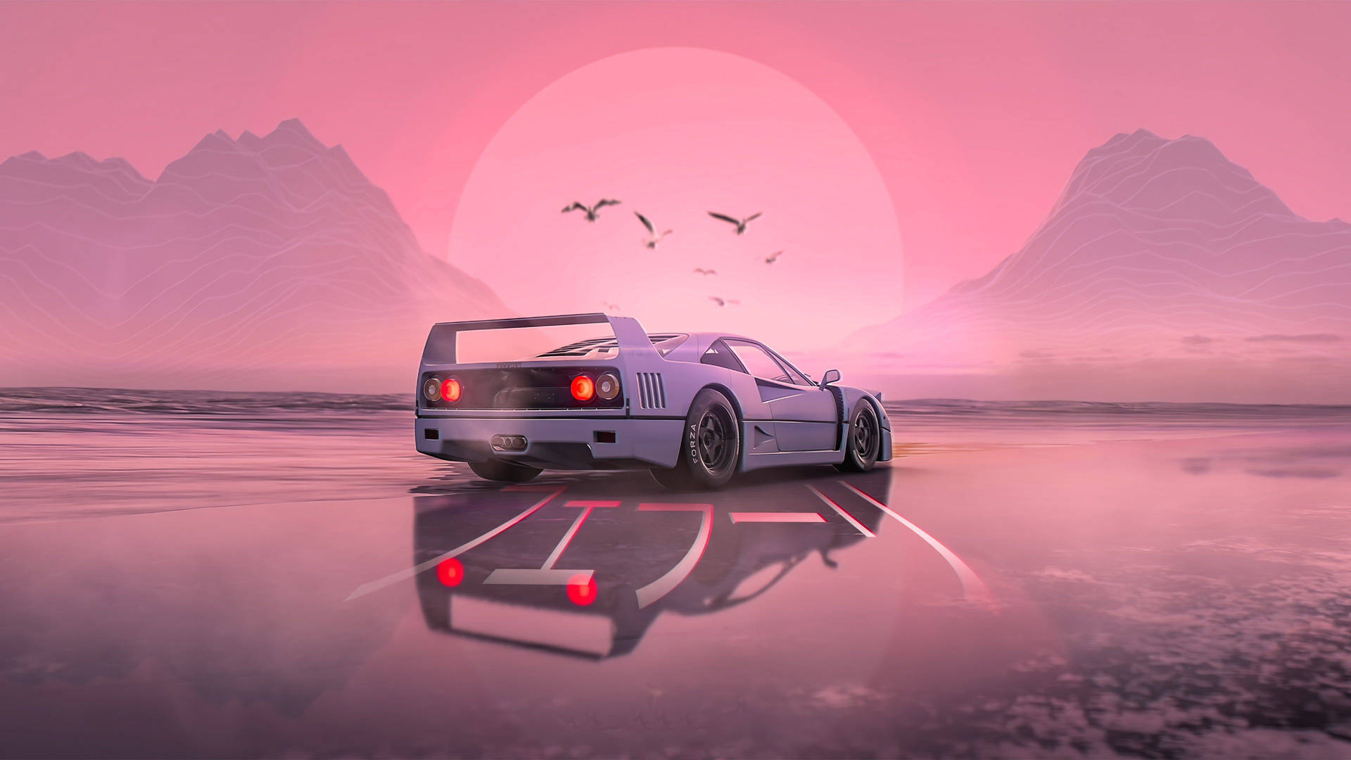 White Jdm Car With Pink Sunset Background