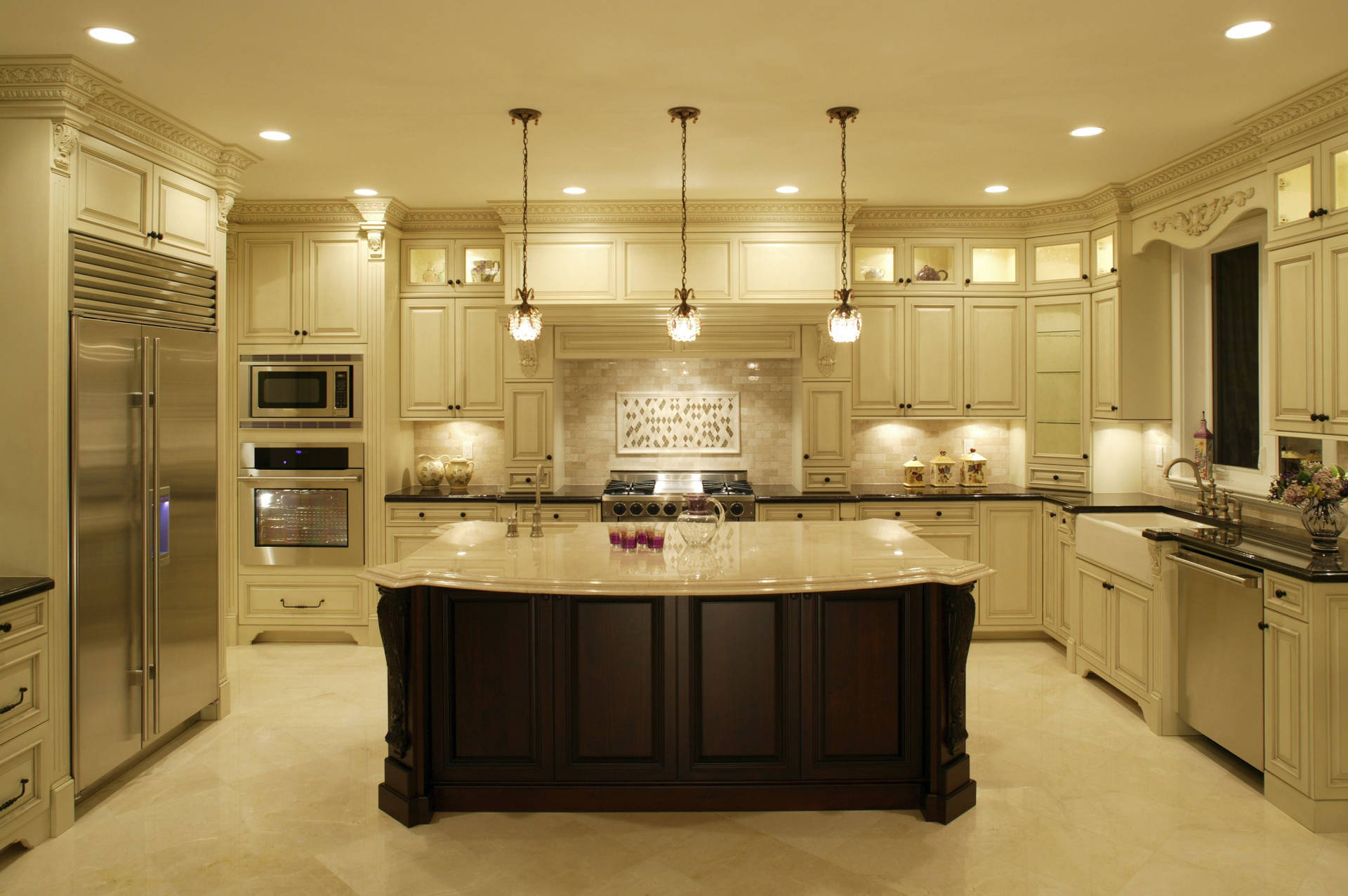 White Kitchen Design With Lights Background