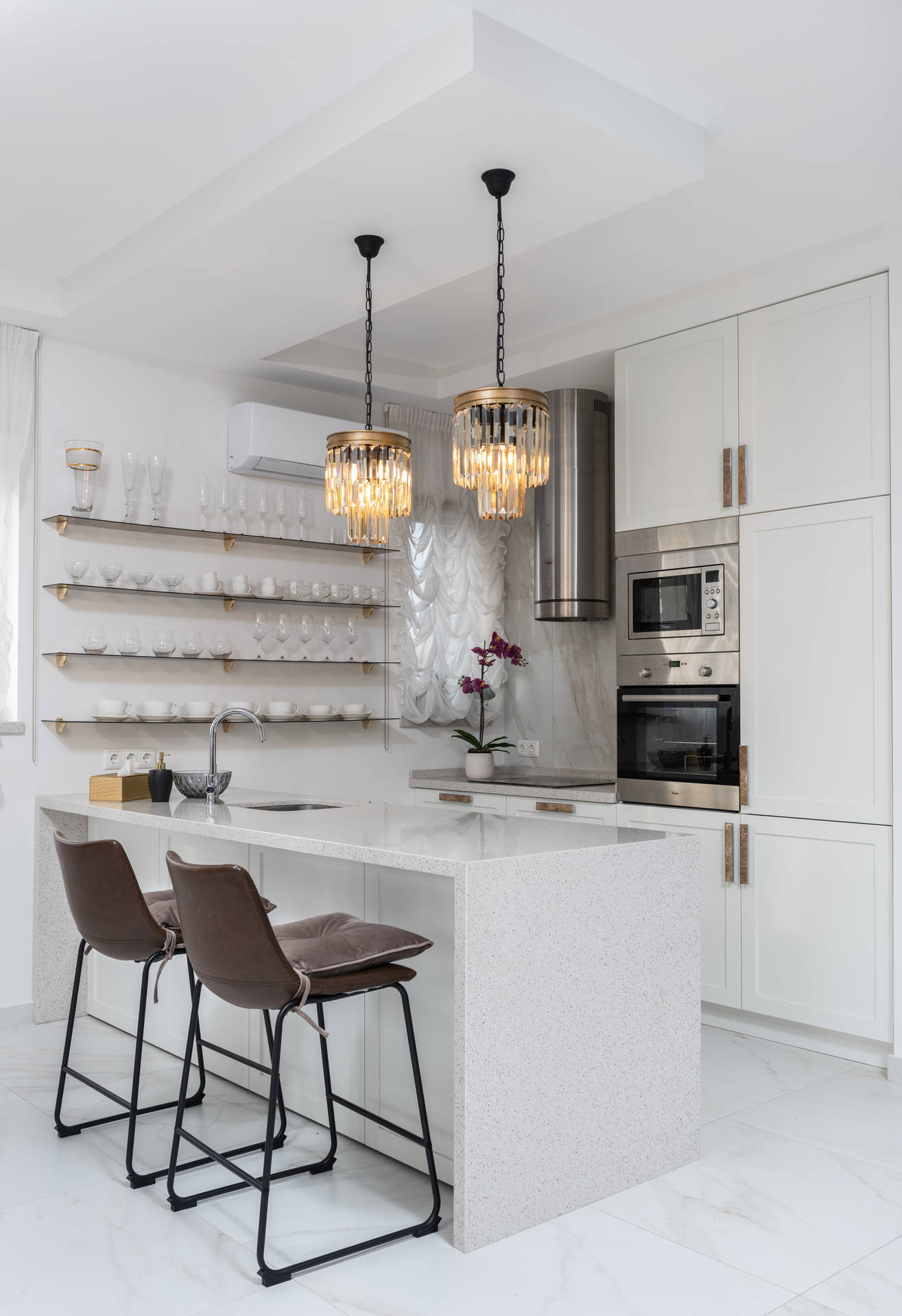 White Kitchen Interior With Two Leather Chairs Background