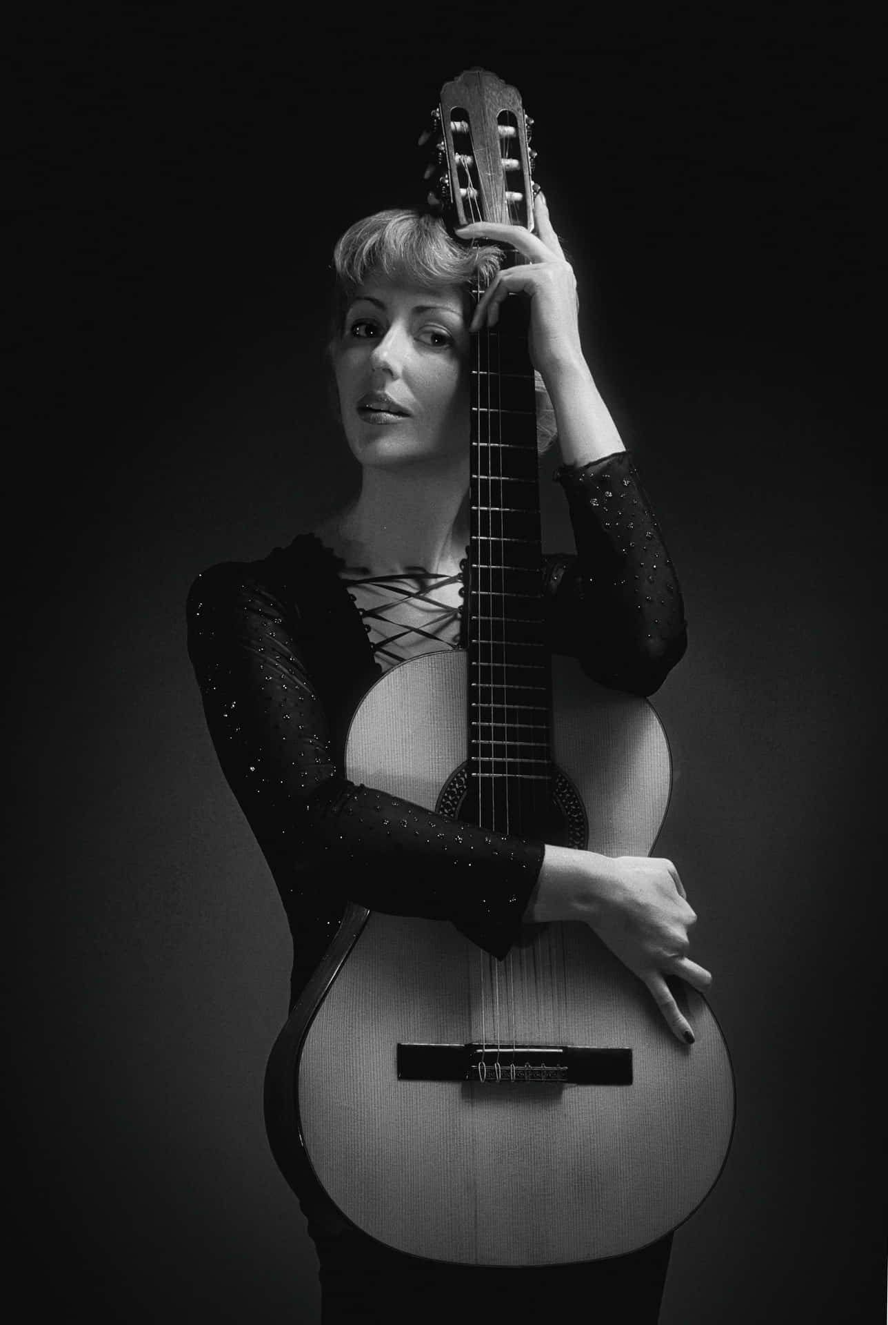 White Lady Modeling Guitar Background