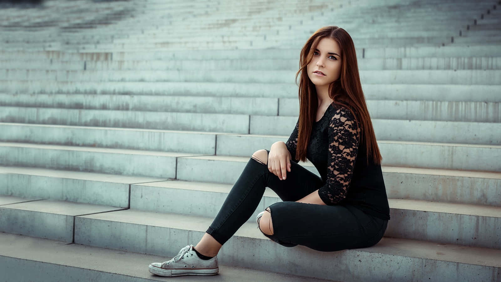 White Lady On A Stairway Background