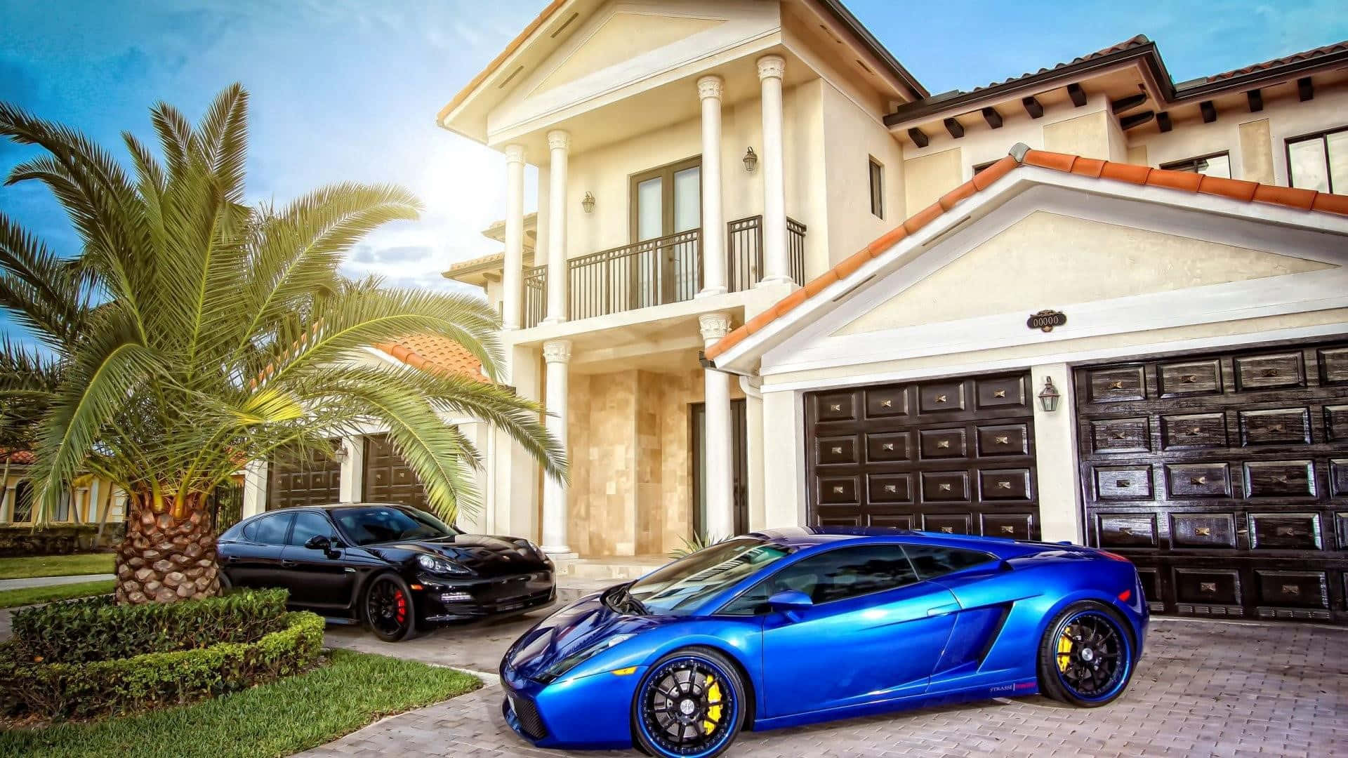 White Mansion With Lamborghini Gallardo Background