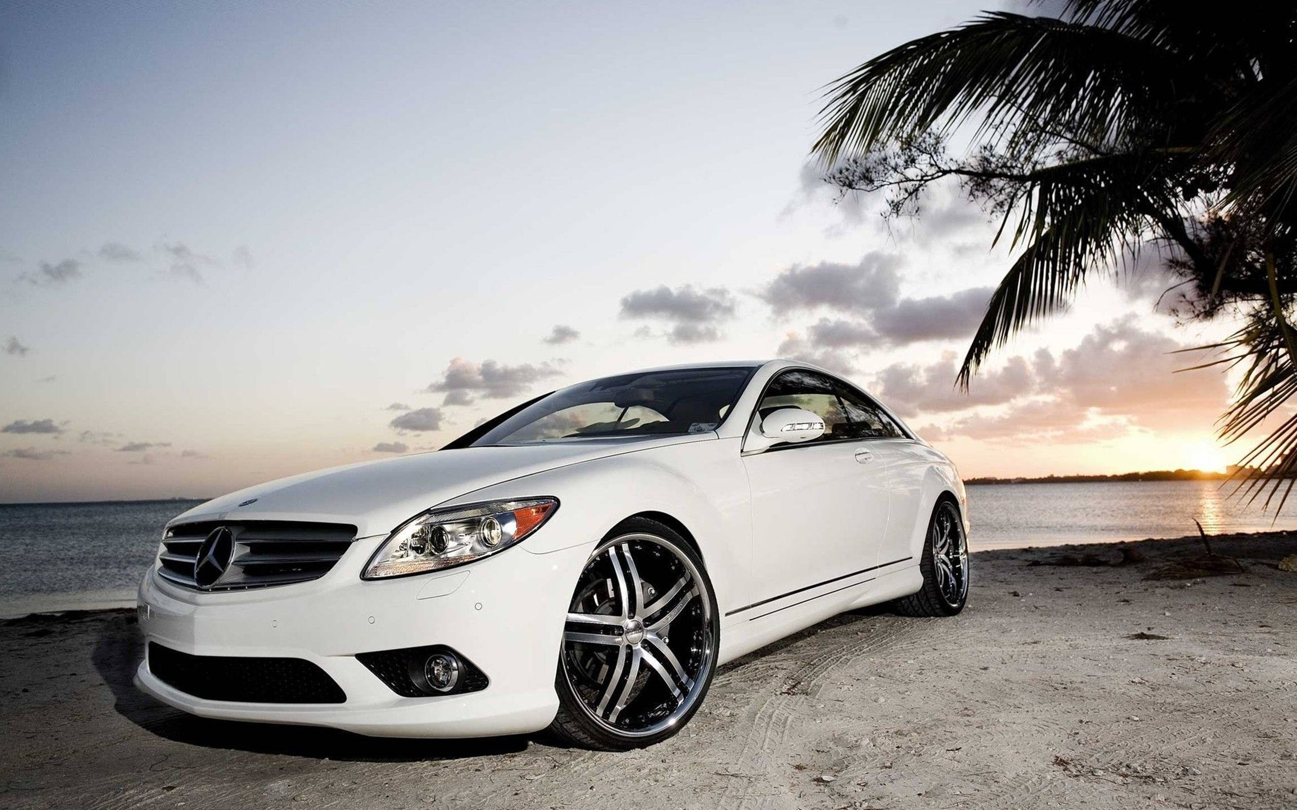 White Mercedes-benz Beach Sunset Hd Background