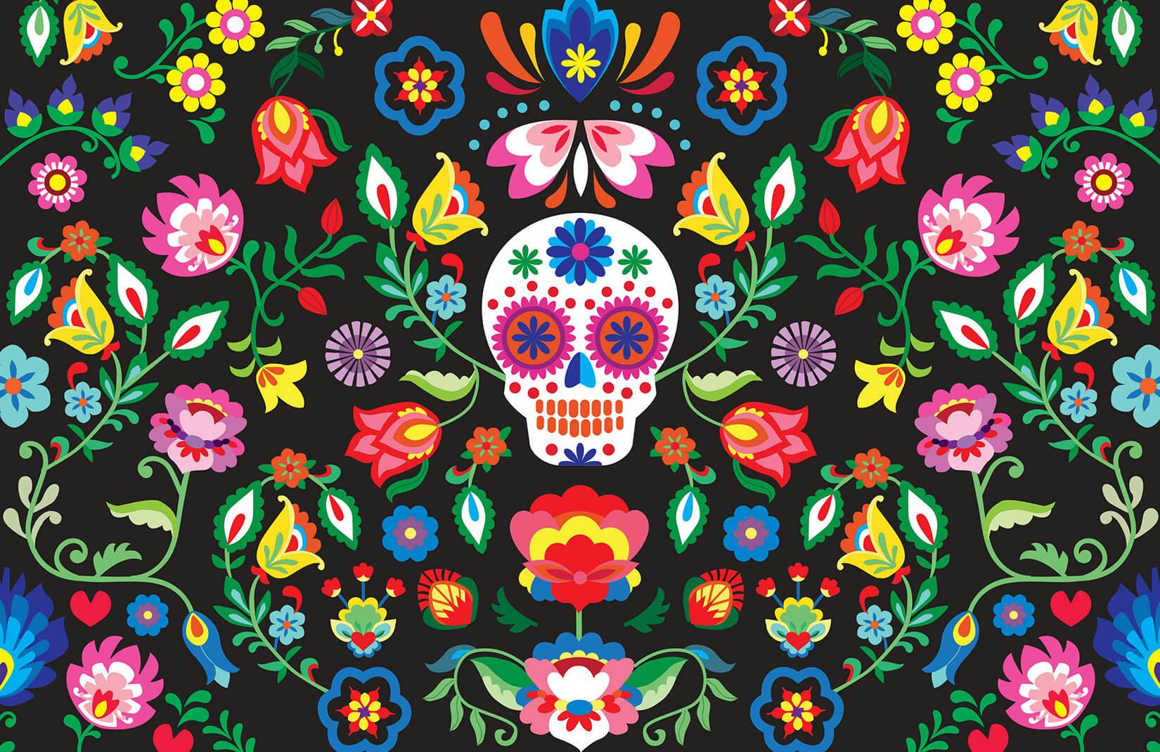 White Mexican Skull And Flowers Background