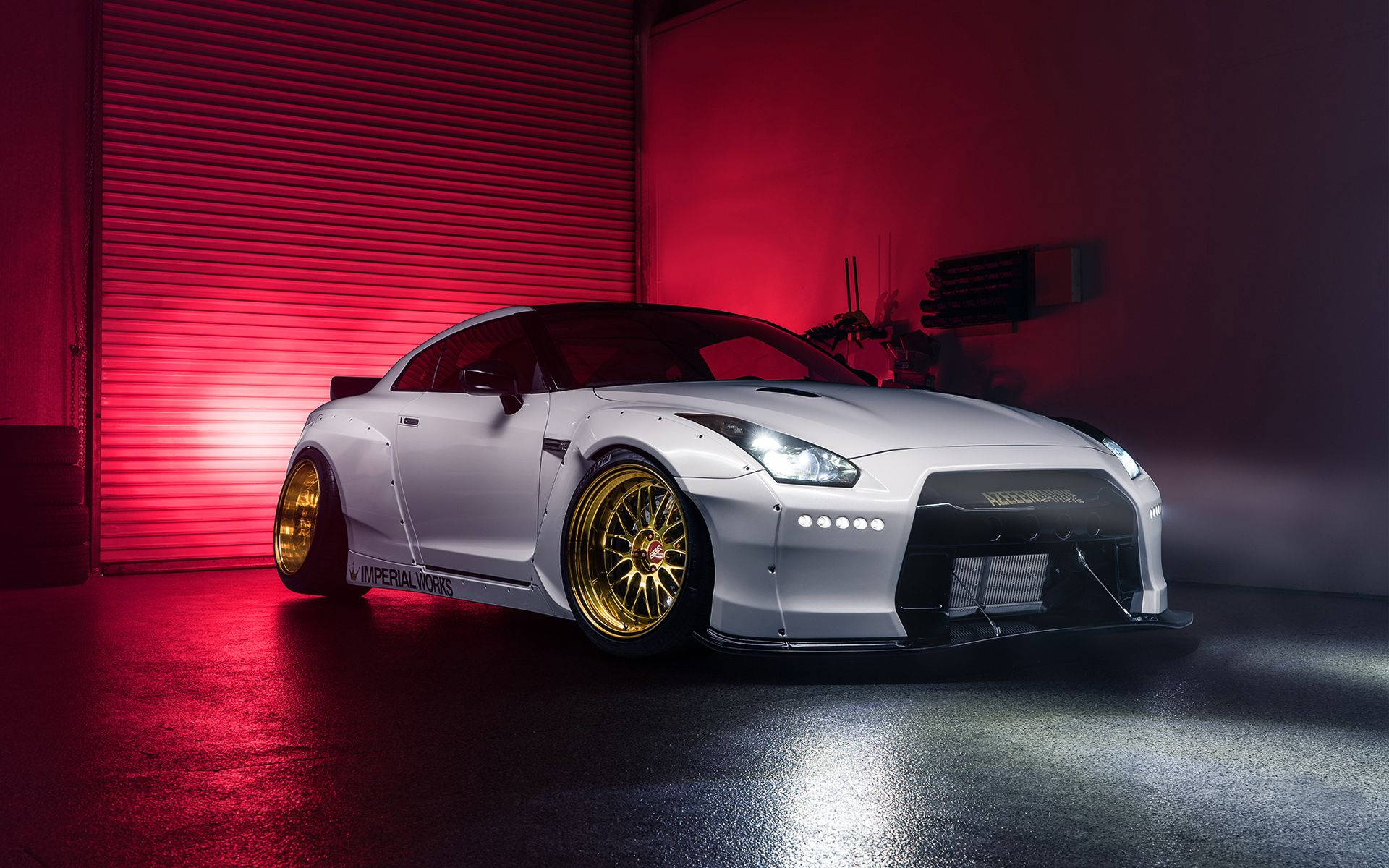 White Nissan Gtr Car With Golden Tires