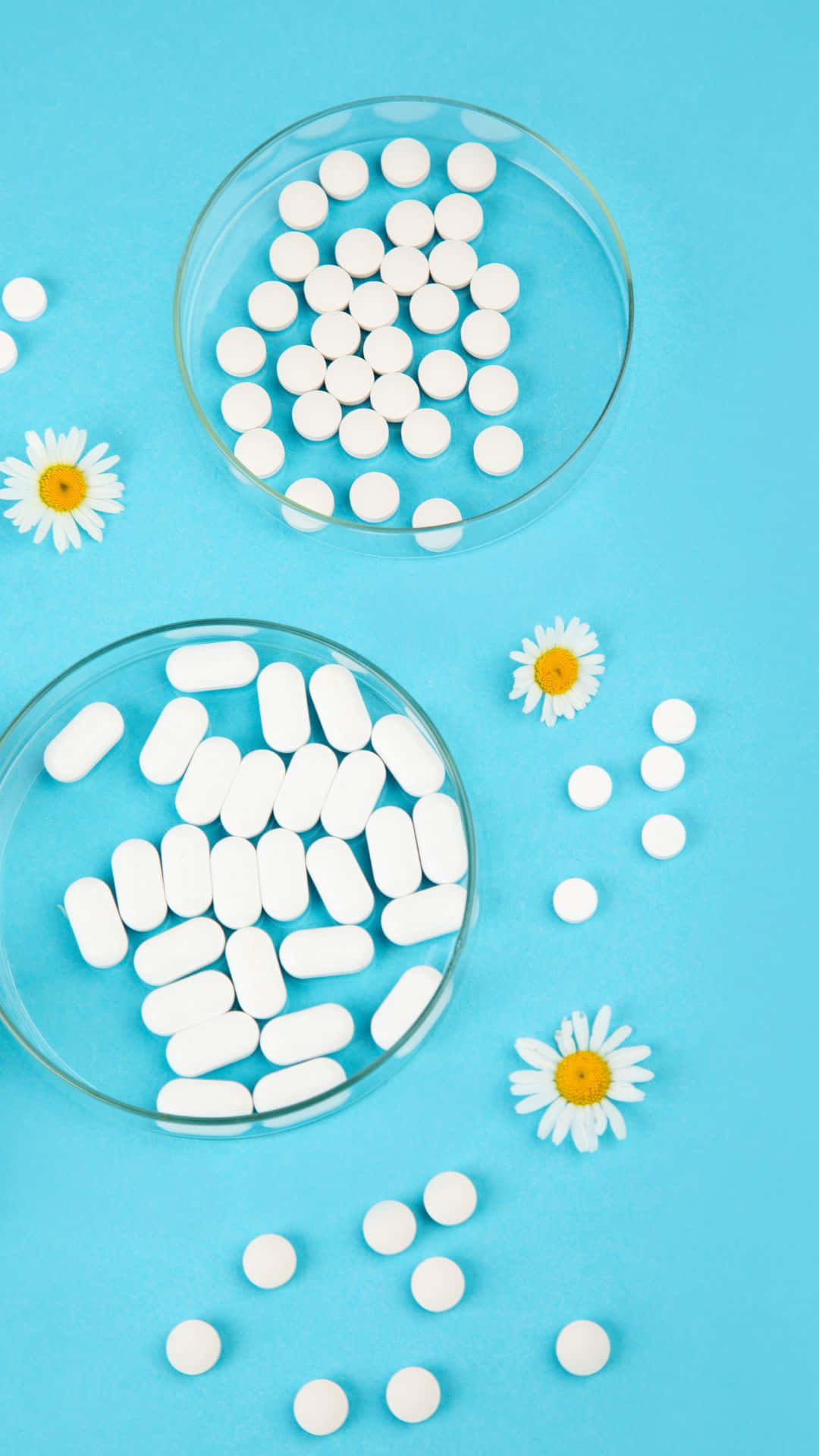 White Pills Daisies Blue Background Background