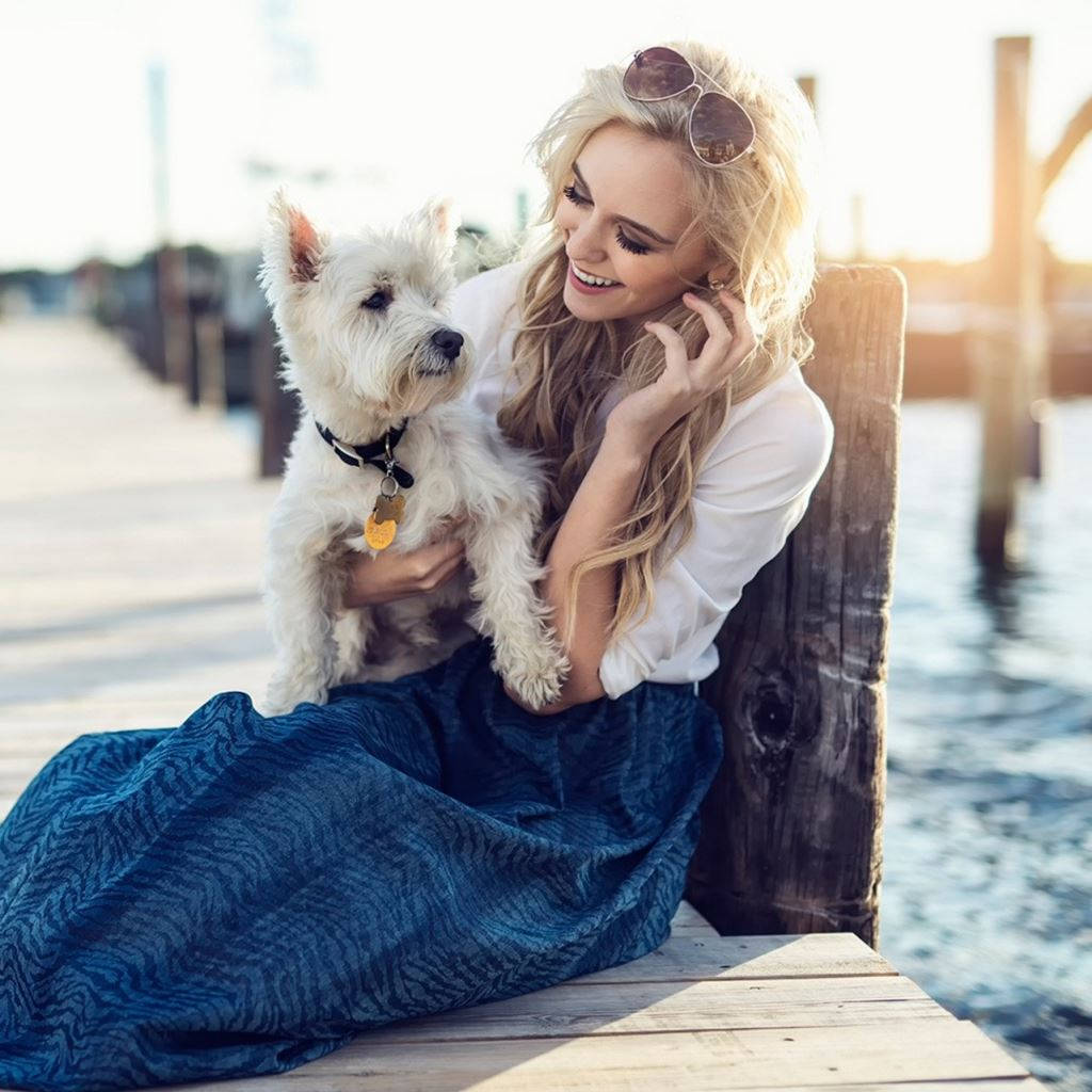 White Puppy Dog And Girl Smiling Background