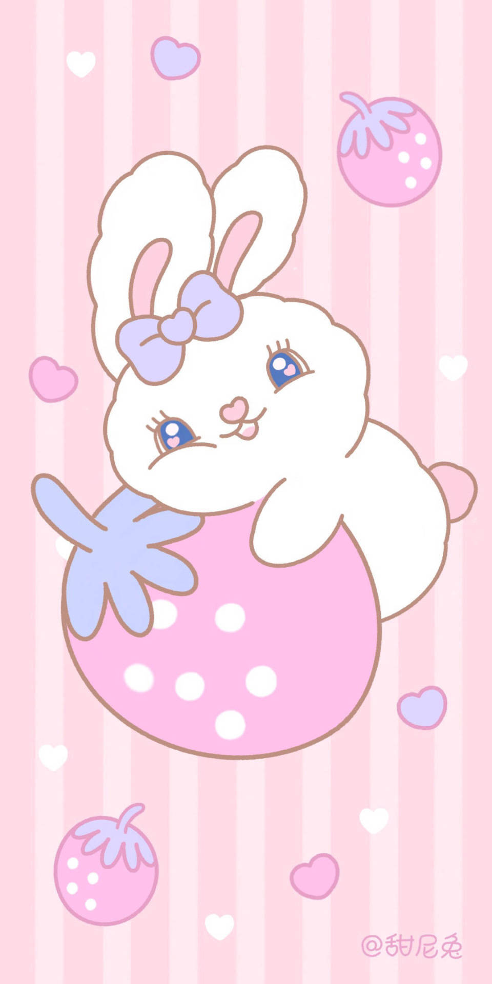 White Rabbit Embracing Strawberry Background