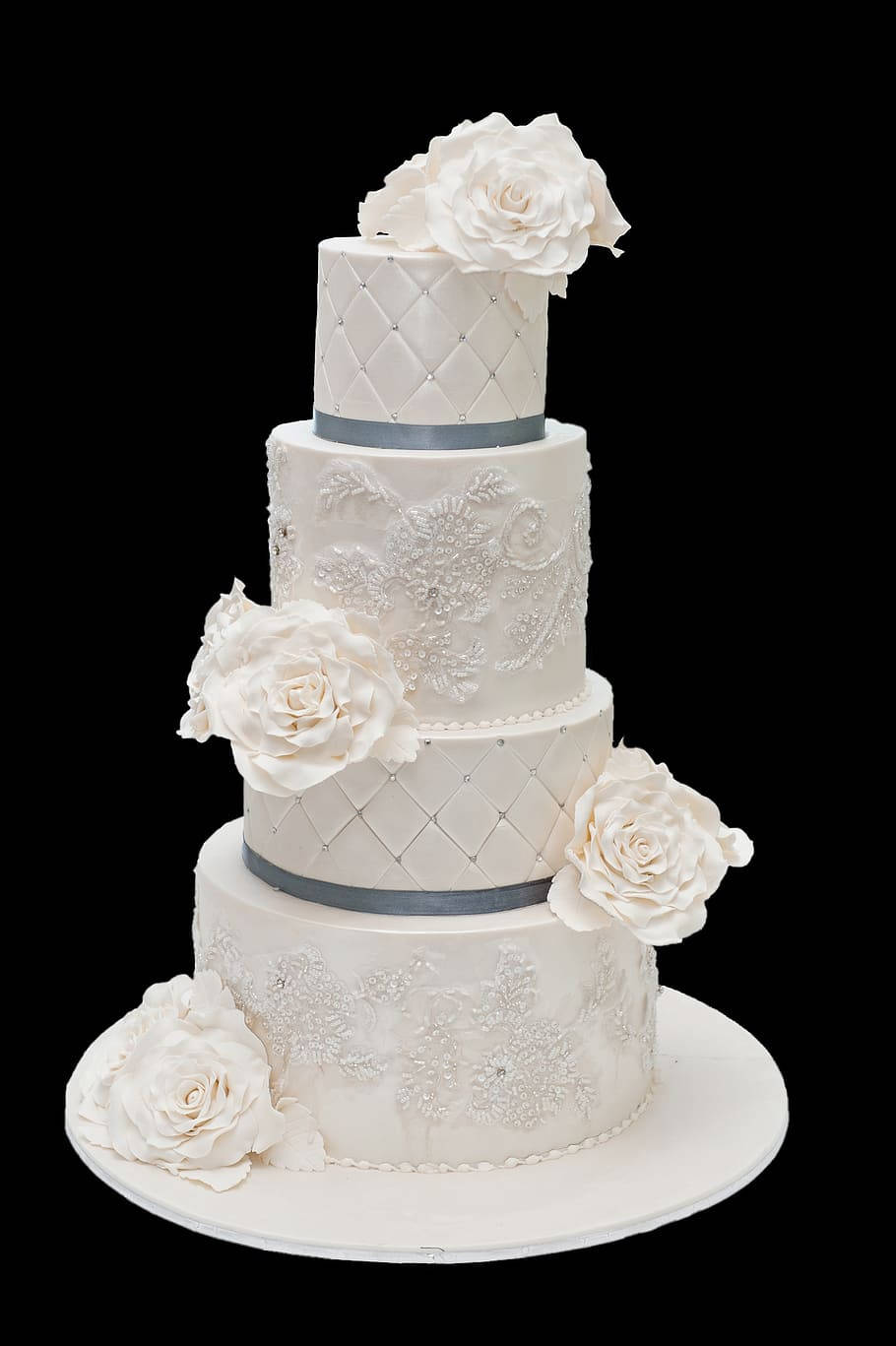 White Roses Four Tier Wedding Cake