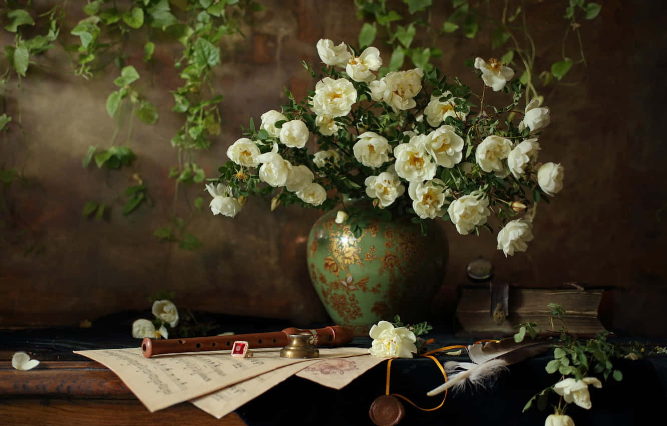 White Roses Vase Still Life Background