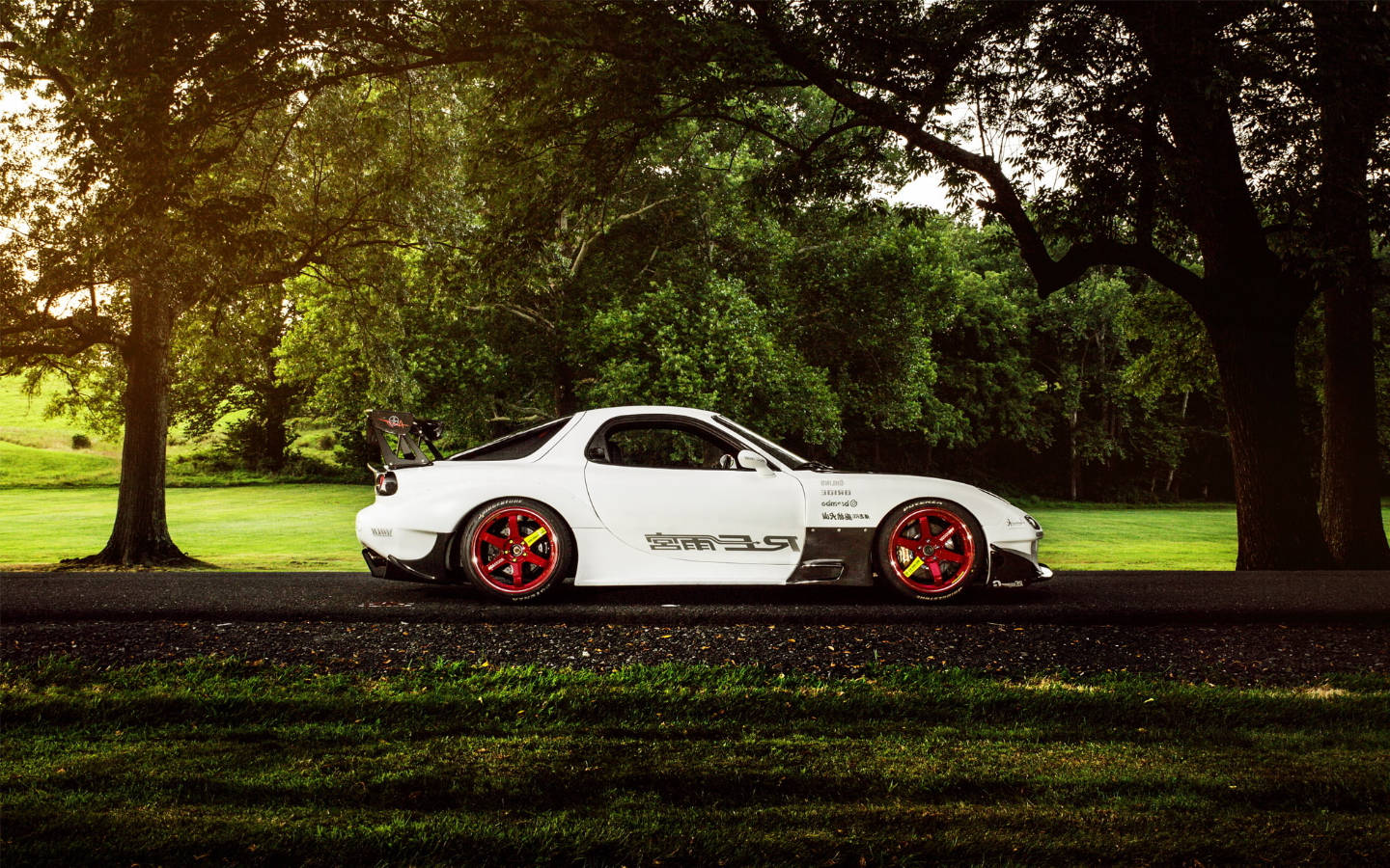 White Rx7 Red Wheels Forest Background