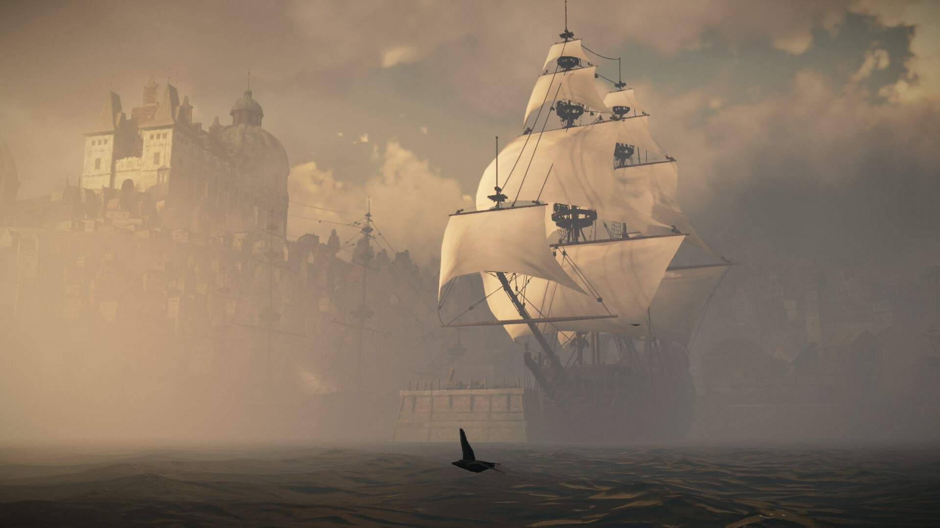 White Ship In Greedfall Background
