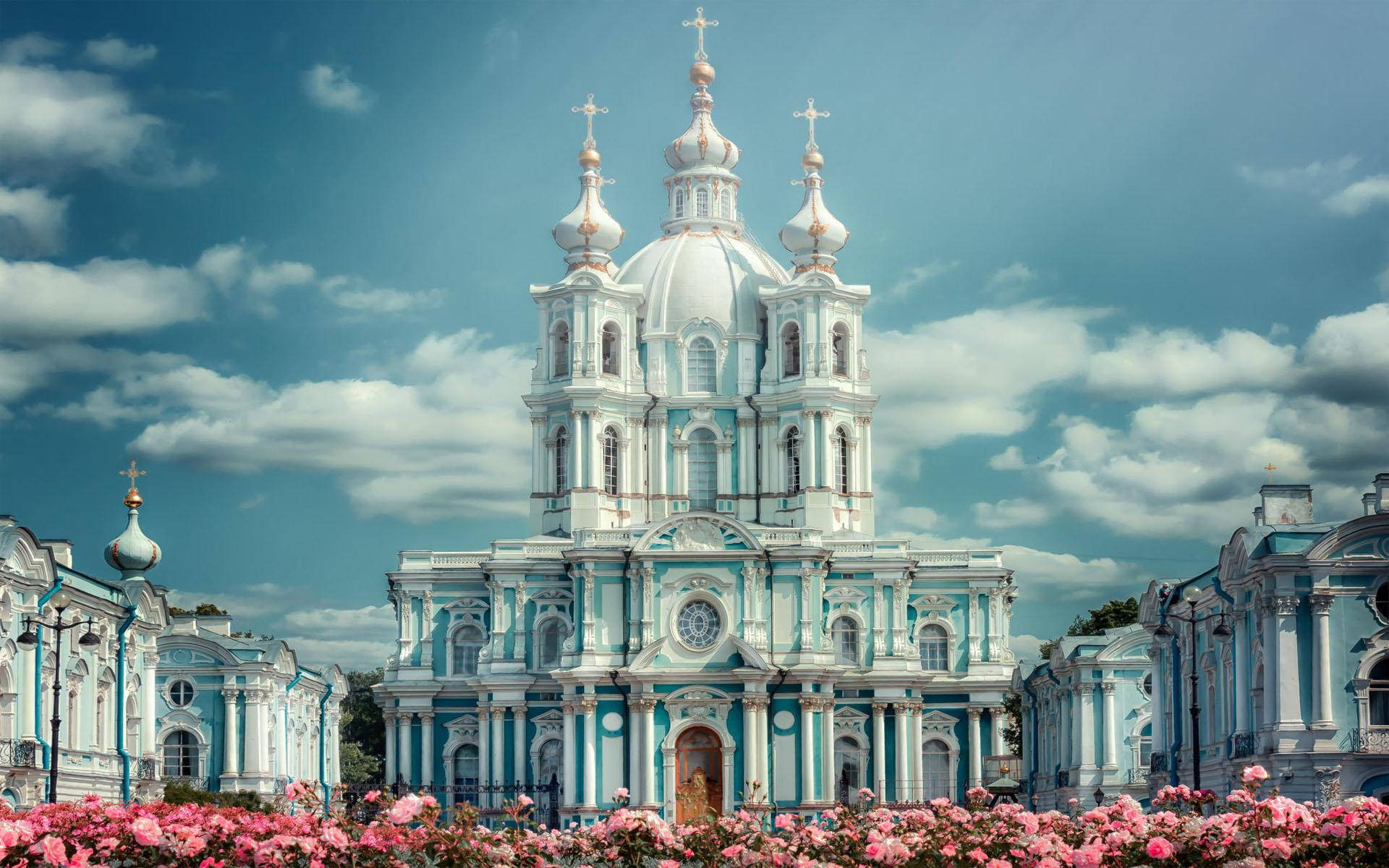 White Smol'nyy Cathedral In Saint Petersburg Background