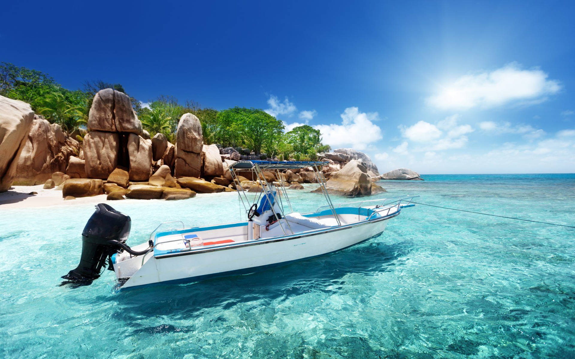 White Speed Boat In Shallow Water Background