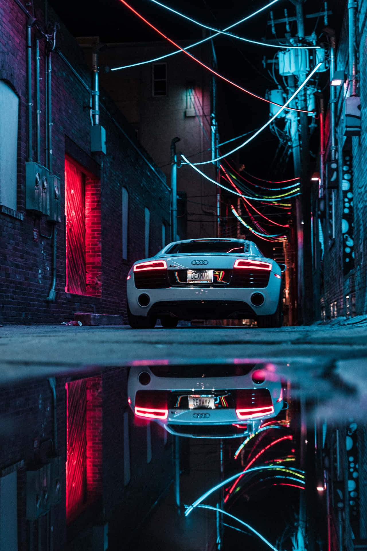 White Supercar On A Neon Alley Background