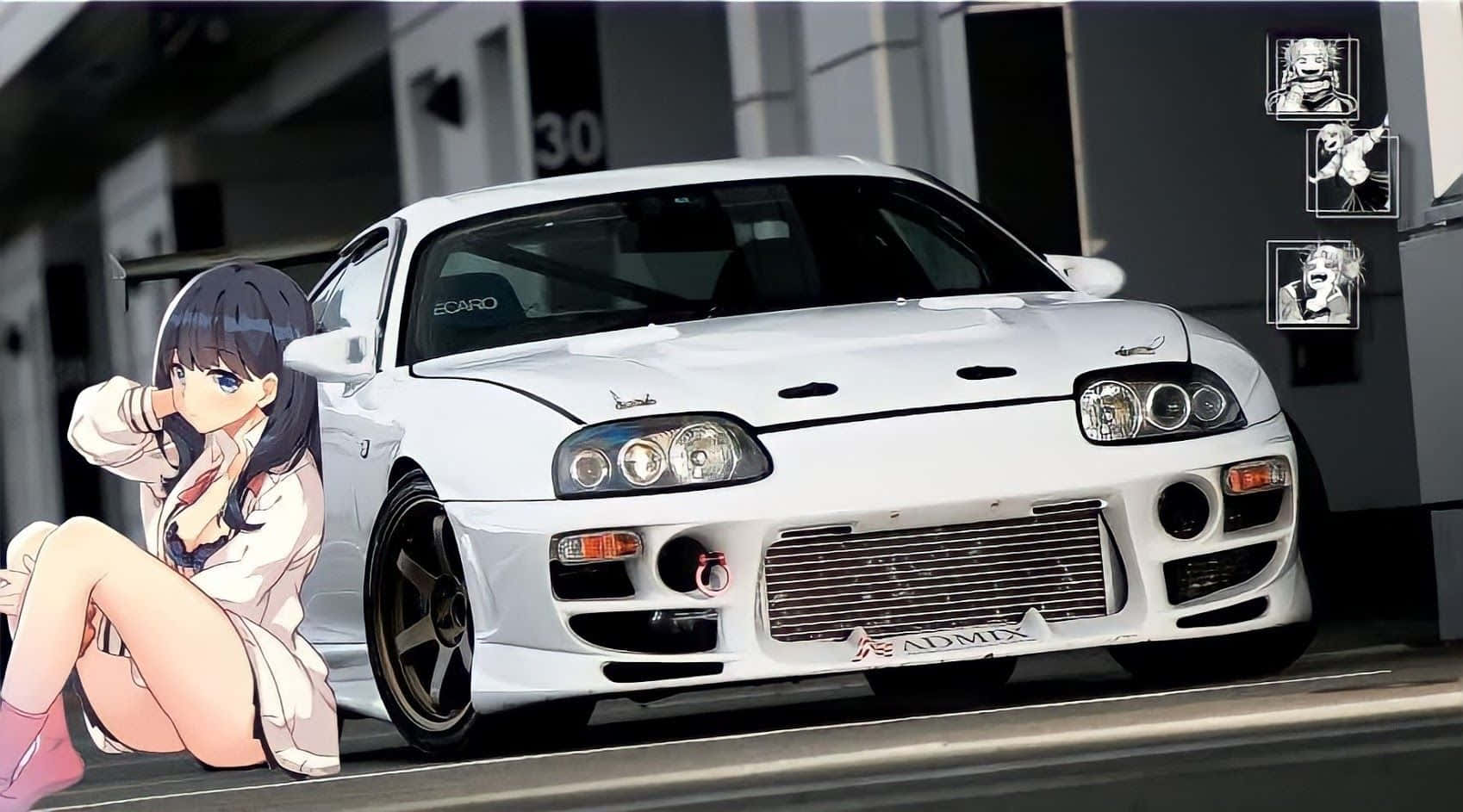 White Toyota Supra Next To Rikka Takarada Jdm Anime Background