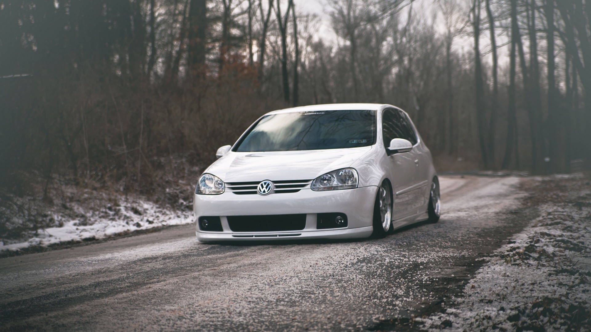 White Volkswagen Golf Gti Forest Road Background