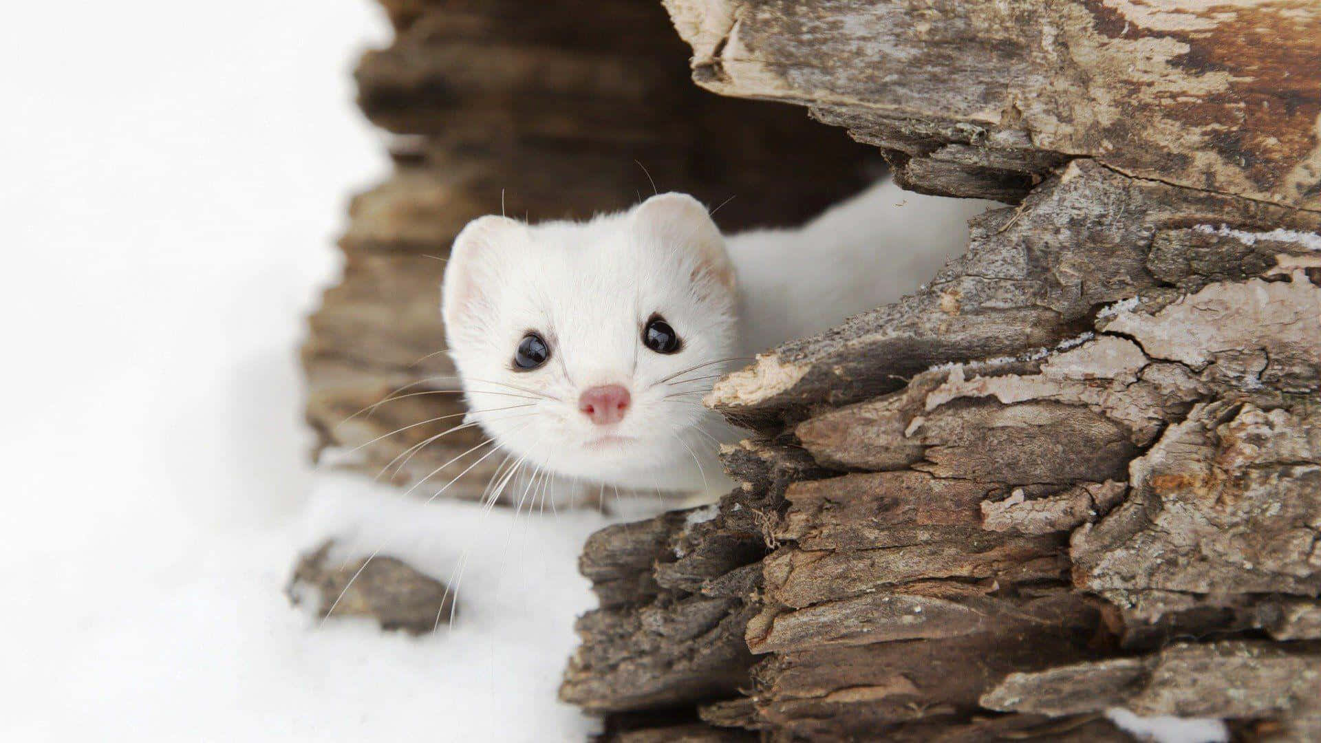 White Weasel Peeking Out From Tree Bark Background