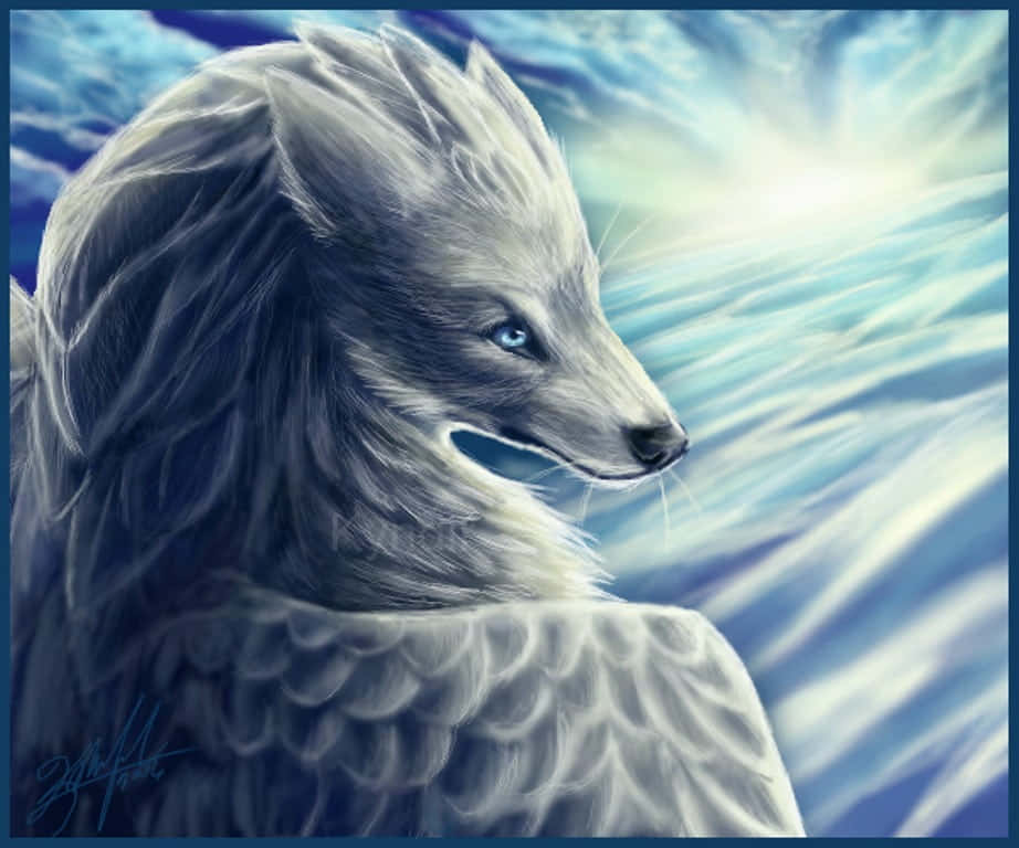 White Winged Wolf Blue Eyes Sky Background