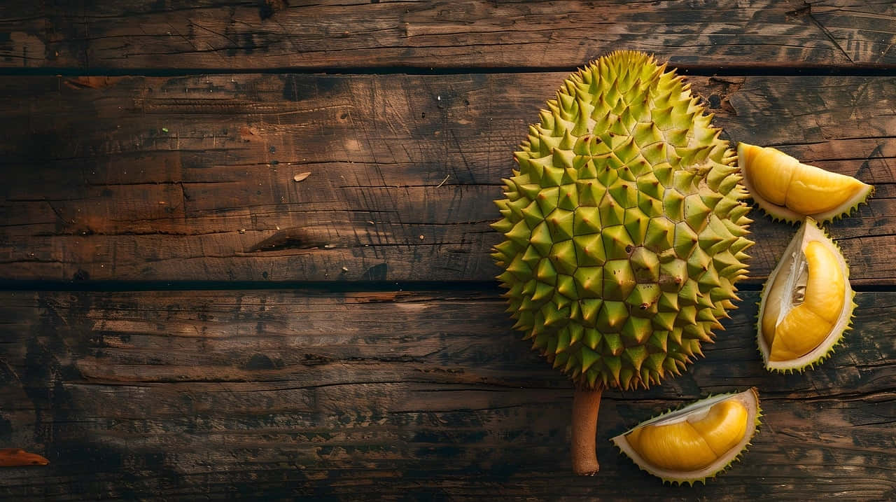 Wholeand Sliced Durian Fruiton Wooden Background Background